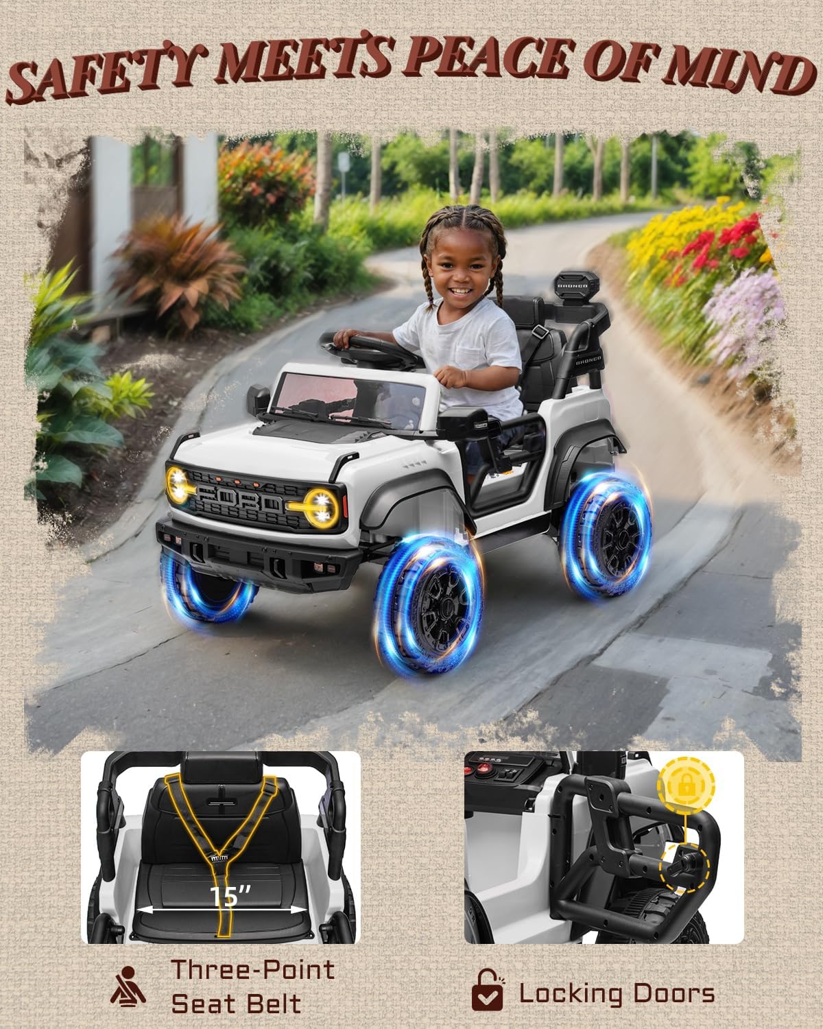 First Ride On Ford Bronco Raptor 12V Toddler Ride on Toys, Safe Kids Ride on Truck with Remote Control, Children Electric Cars with 4 Wheels Suspension, Radio, Music, Bluetooth (12V, White)