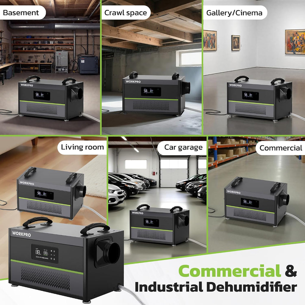 WORKPRO Crawl Space Dehumidifier, 145 Pint Commercial Dehumidifier for Basement, Warehouse and Garage, Covers 6000Sq. Ft, Drain Hose, Automatic Defrost, Memory Starting and Washable Filter