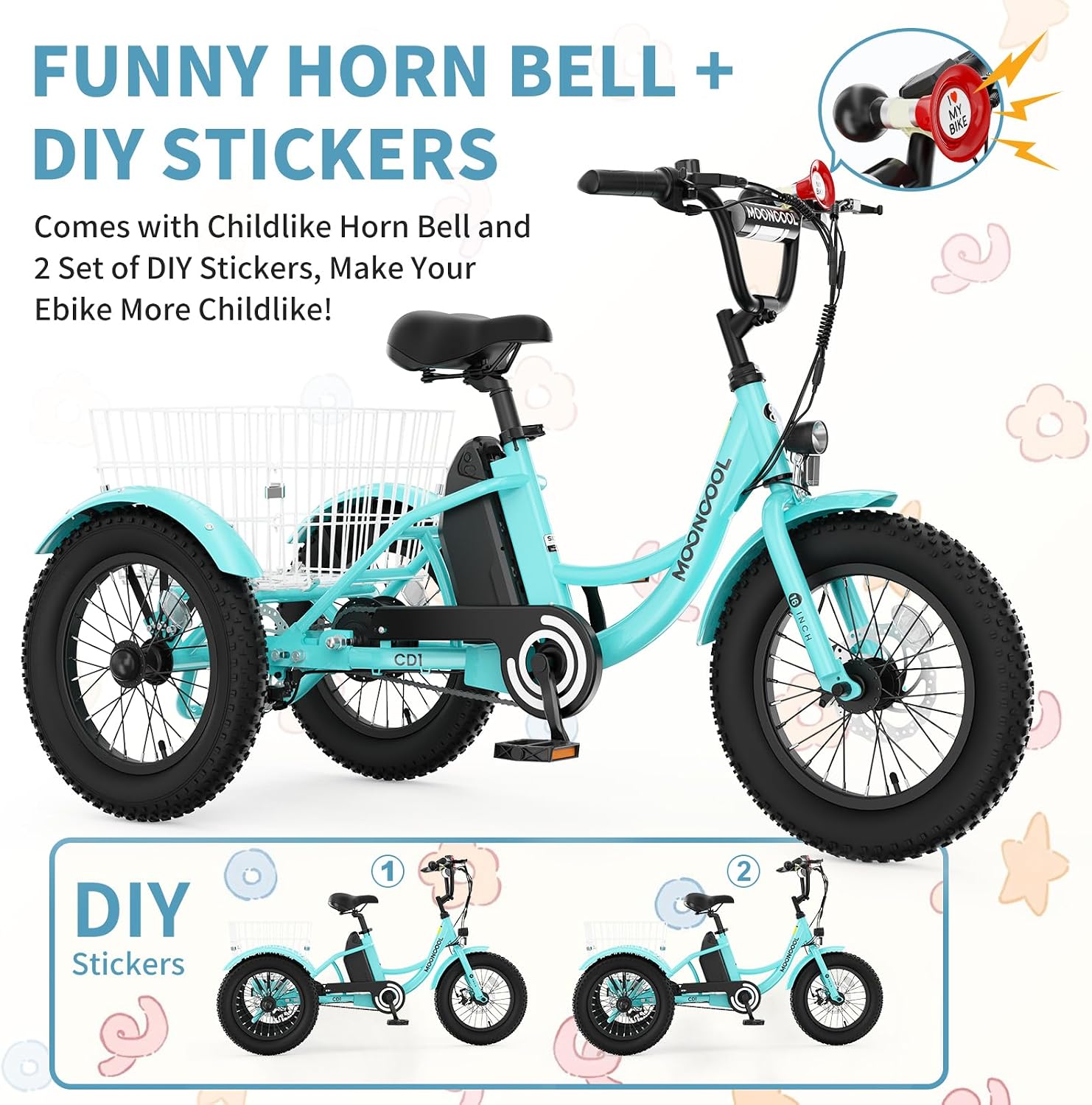 16 Inch Kids Electric Tricycle, 250W 24V Fat Tire Electric Trike, 3 Wheels Electric Bike Cruiser Bicycle, Aluminum Frame Motored Trike with Adjustable Seat and Removable Battery, Cyan