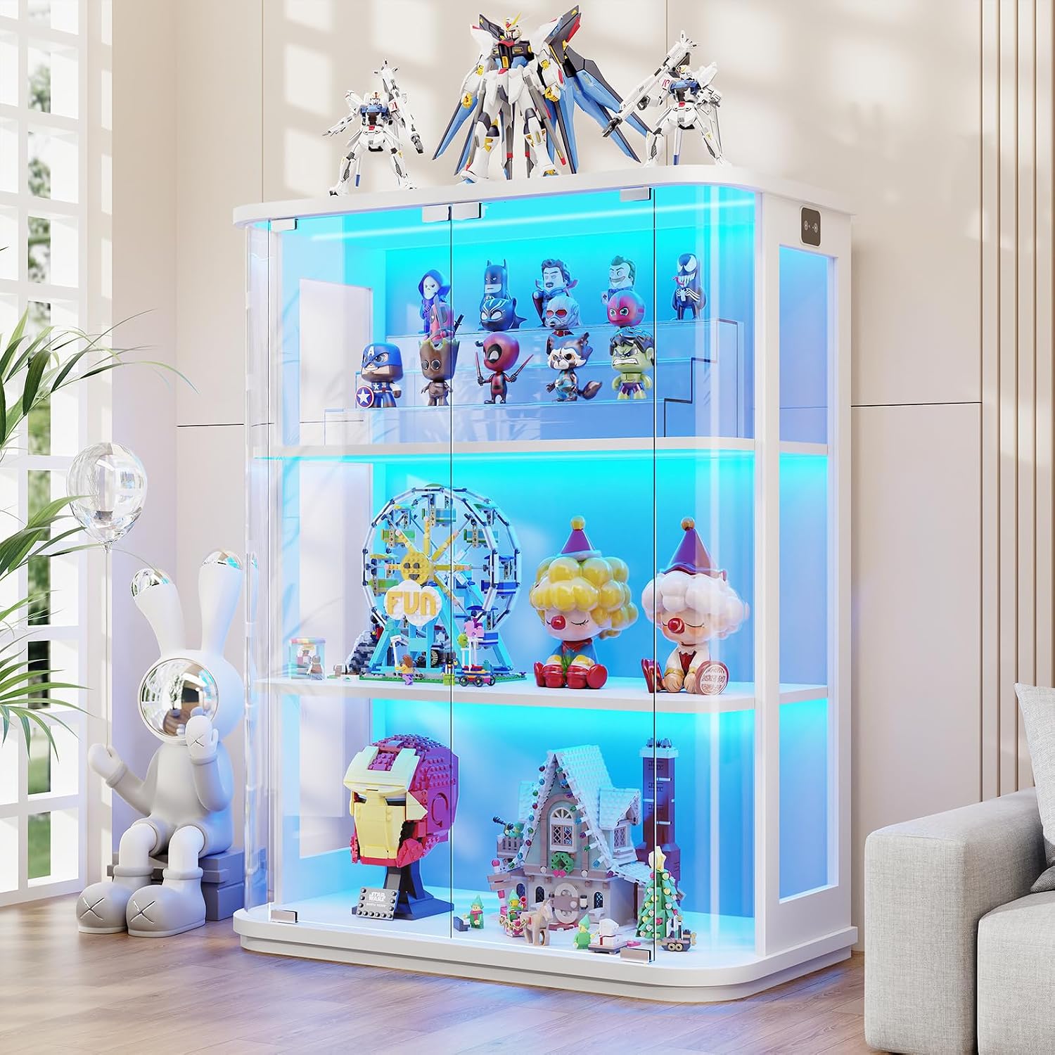 BROTTAR Rounded Display Cabinet with Glass Door, 3-Tier Curio Cabinet with 3 Color Lights for Collectibles, Glass Display Case with Transparent Full-Display Surface, Human Body Sensor, White