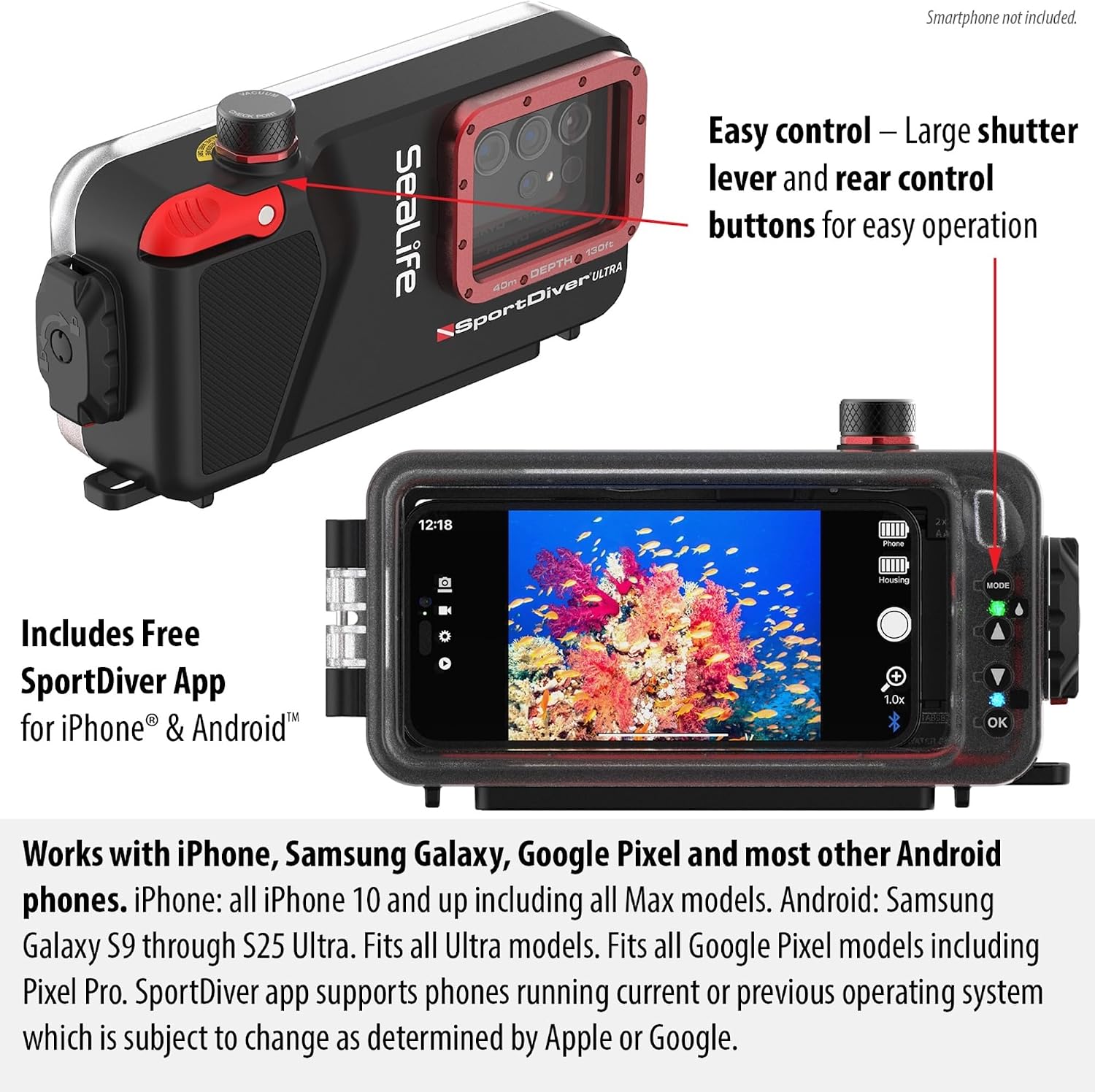 SeaLife SportDiver Ultra Underwater Smartphone Scuba Housing – Dive to 130', Waterproof Photography, Easy Camera Controls, with Leak Alarms, Fits Most Phones