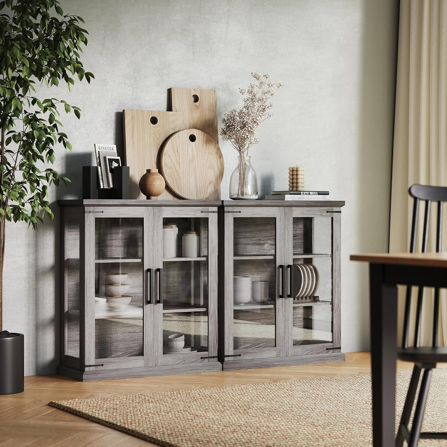 BELLEZE Set of 2 Glass Display Cabinet, 36' Tall Cabinet with Shelves and Glass Doors for Entryway, Living Room, Hallway, or Kitchen - Ashford (Gray Wash)
