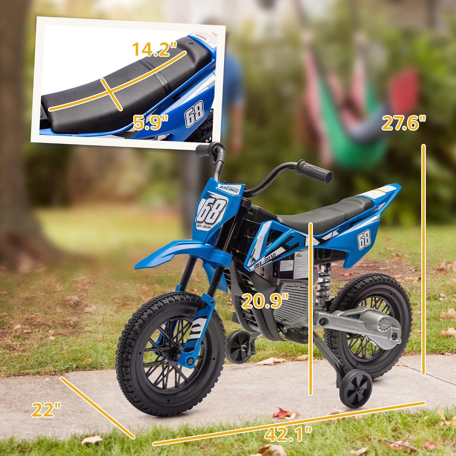 Qaba Kids Dirt Bike with Twist Grip Throttle, 12V Electric Motorcycle, Electric Bike for Toddler with Training Wheels, Spring Suspension & Music, Blue