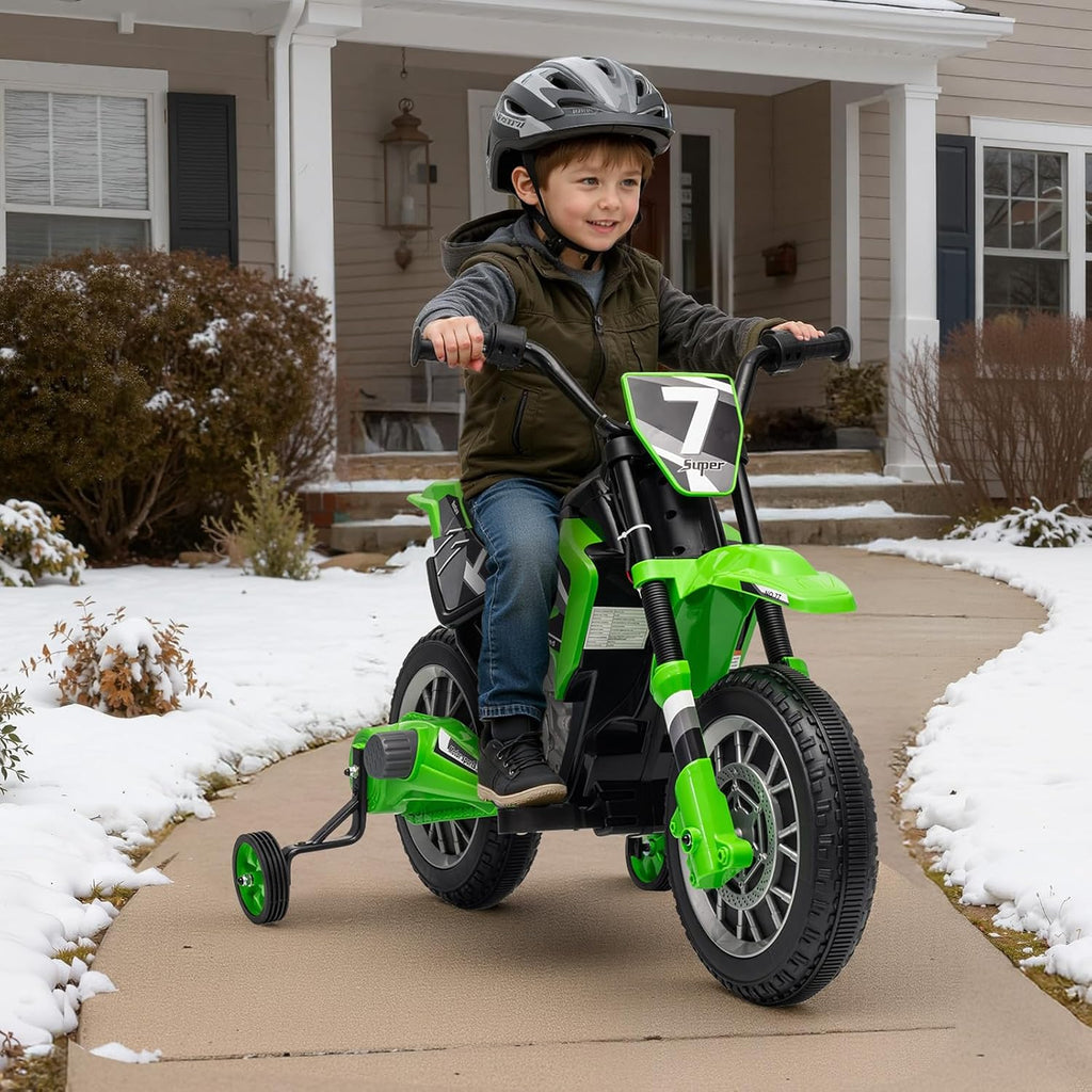 12V Kids Motorcycle w/Treaded Tires, 3.1mph Top Speed Electric Bike for Kids, Training Wheels, Music & Bluetooth, Spring Suspension, Age 3-8 Year Old, Green