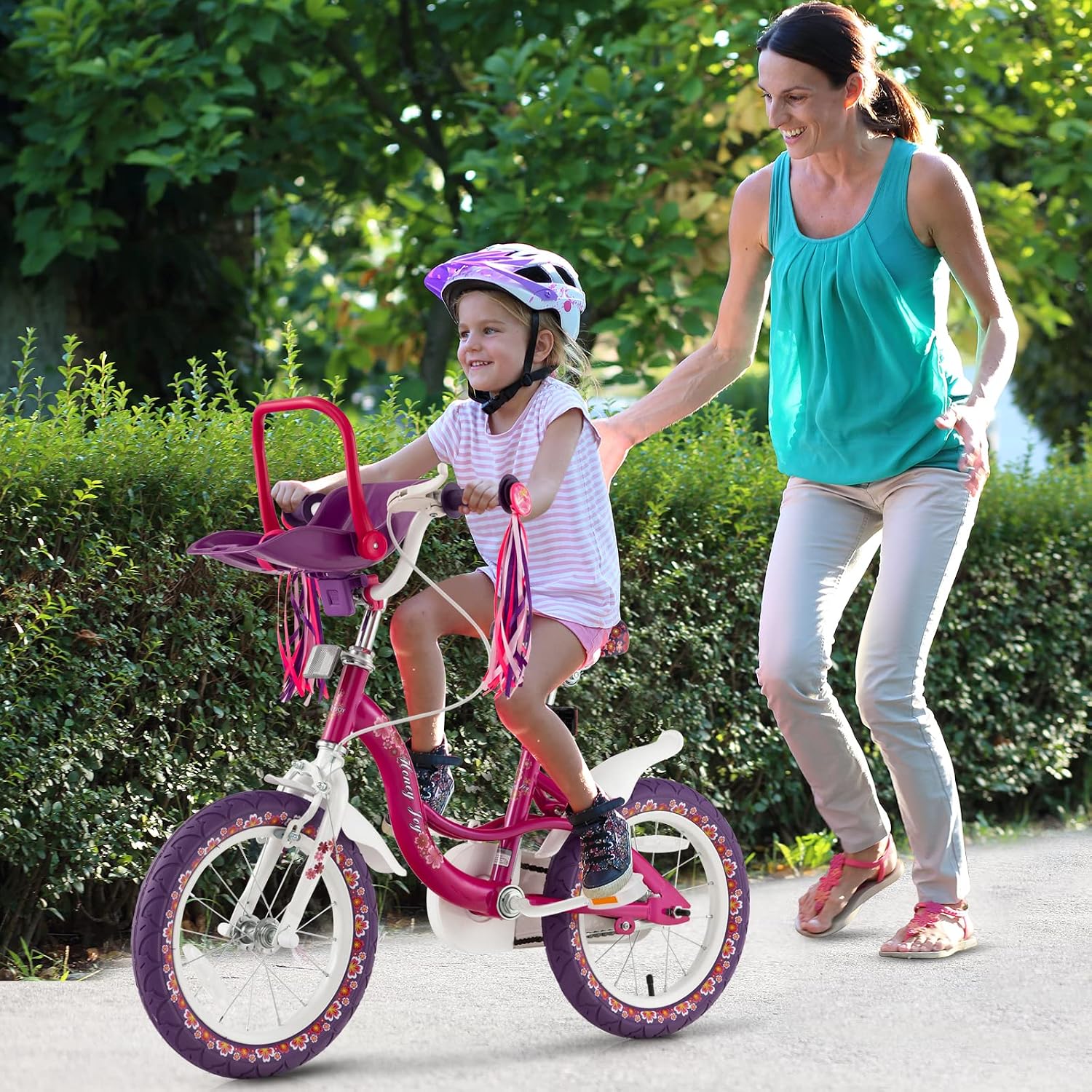BABY JOY Kids Bike, 12 14 16 18 20 Inch Girls Bike w/Detachable Training Wheels or Kickstand, Storage Basket, Adjustable Seat & Handlebar, Bow or Streamer, Children Bicycle for 3-8 Years Old