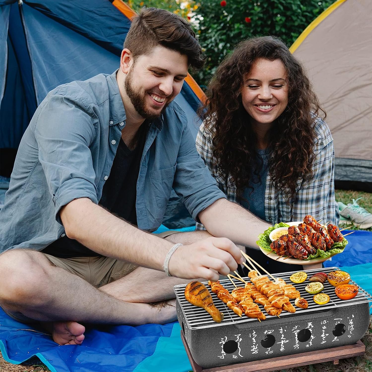 Japanese Style Charcoal BBQ Grill, Portable Rectangle Tabletop Barbecue Stove with Wire Grill Rack, Quick Heating Grill for Camping, Picnic, Patio and Home Use (XL)