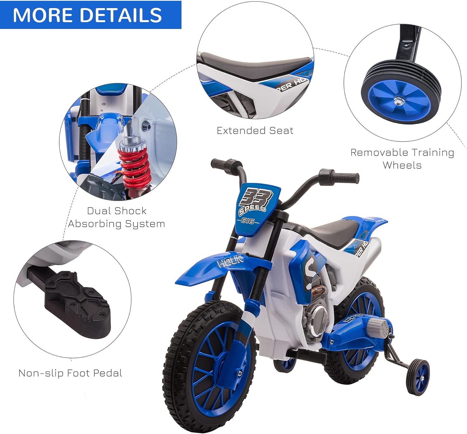 Aosom 12V Kids Motorcycle w/Treaded Tires, 5mph Top Speed Electric Bike for Kids, Ride On Motorcycle w/Training Wheels, Battery Charger, Spring Suspension, Blue