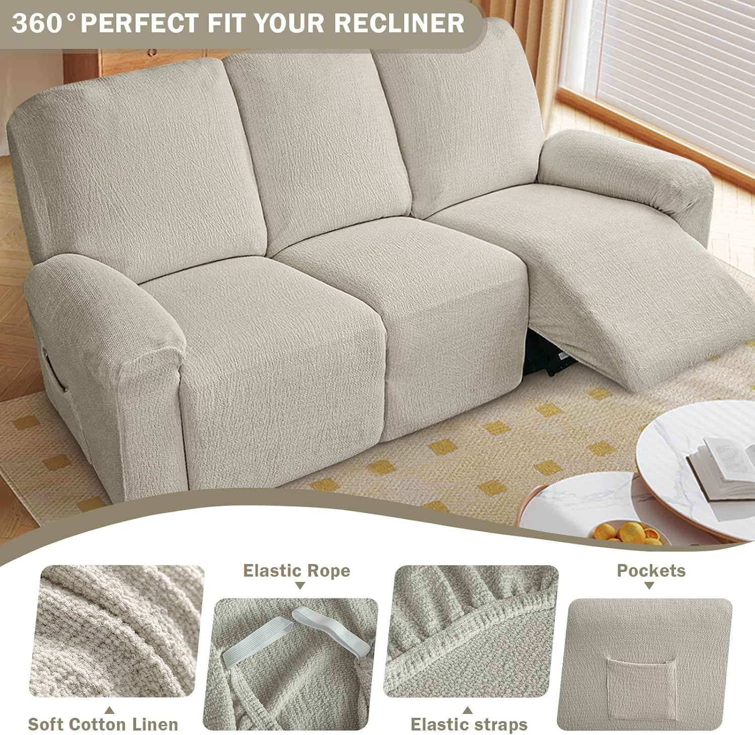 vctops 8 Pieces Cotton Linen Recliner Sofa Covers Rustic Stretch Soft 3 Seats Couch Cover Anti-Slip Sofa Slipcover Furniture Protector with Elastic Bottom for Kids Pet (Beige Grey,3 Seat)