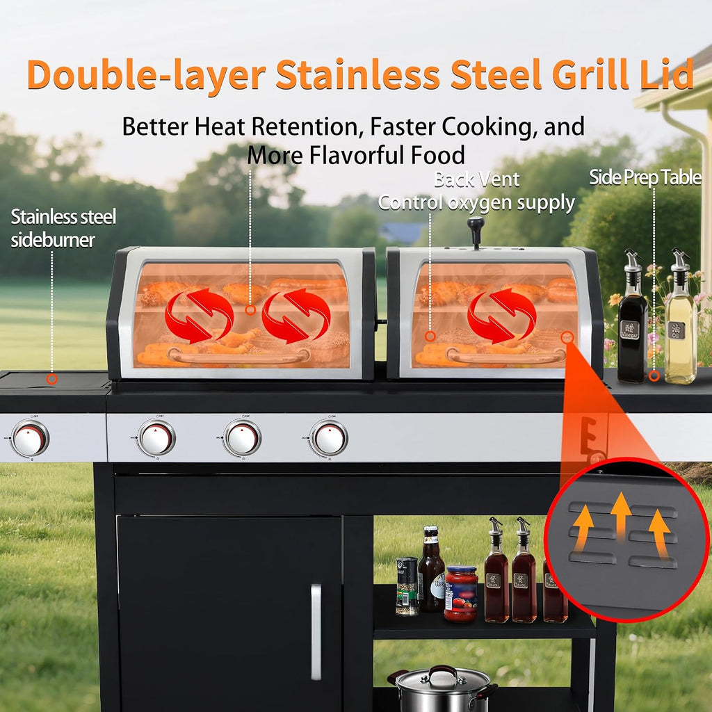 Charcoal and 3-Burner Propane Gas Combo Grill with Side Burner & Porcelain-enameled Cast Iron Grates, Dual Fuel BBQ Combo Grill for Outdoor Cooking