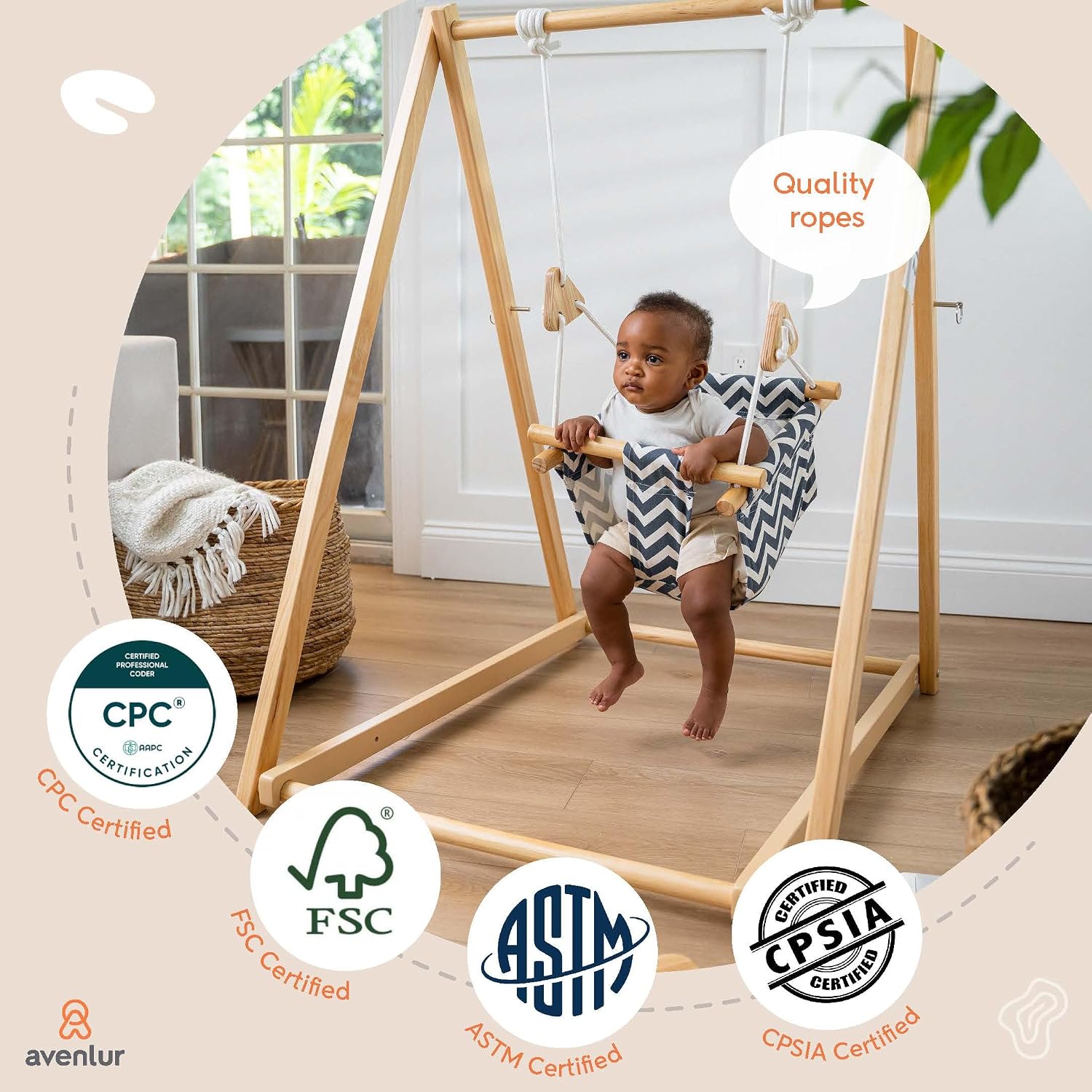 Avenlur Spruce Baby and Toddler Swing with Stand - Foldable Baby Swing - with Seat Belt and Padded Pillow - Free Standing Toddler Swing for Children 6 Months to 3 Years - Montessori and Waldorf Style