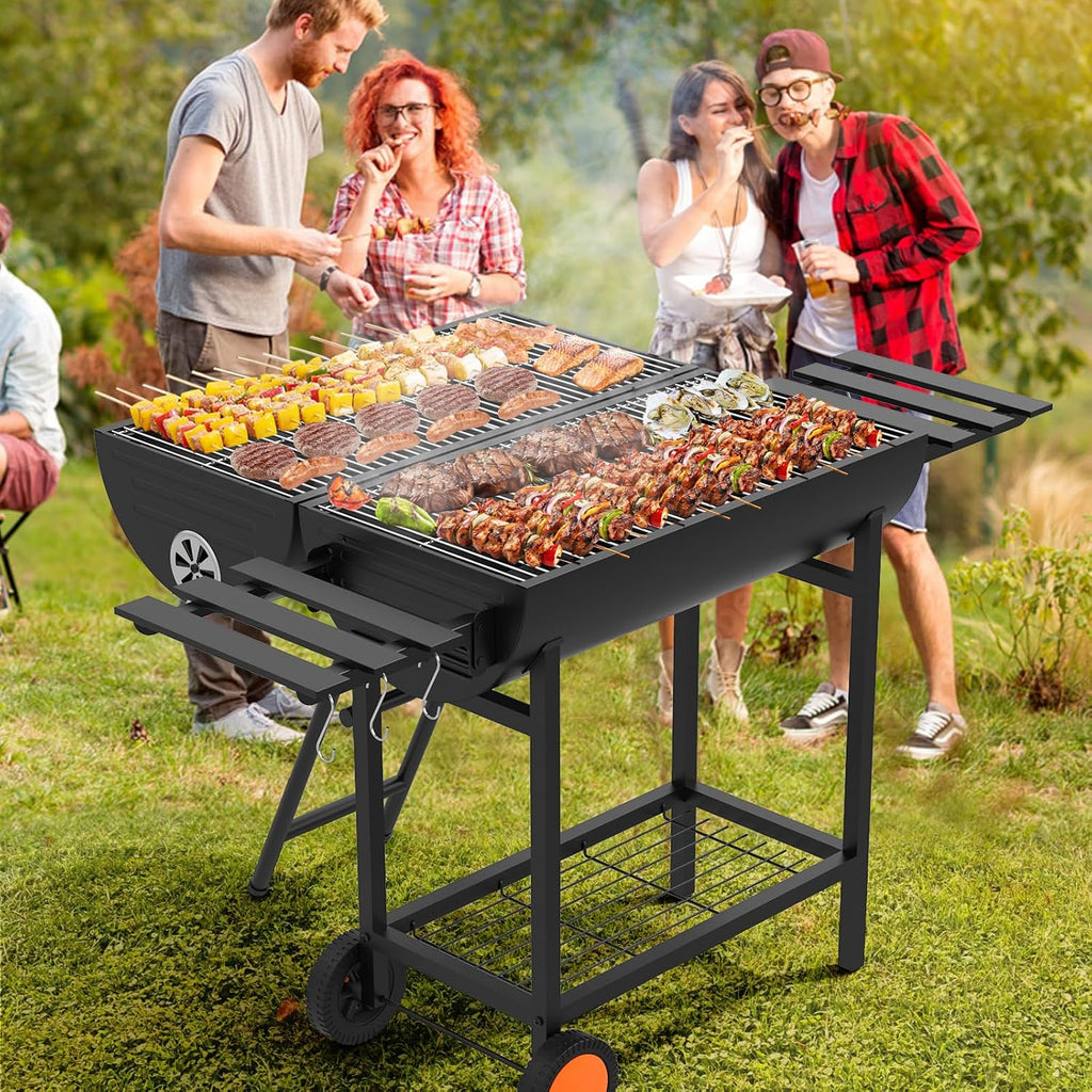 Extra Large Charcoal Barbecue Grill, 871 Square Inches Cooking Space, Outdoor Barrel BBQ Grill with 2 Foldable Side Tables for Outdoor Backyard Patio Picnic Parties Camping, Black
