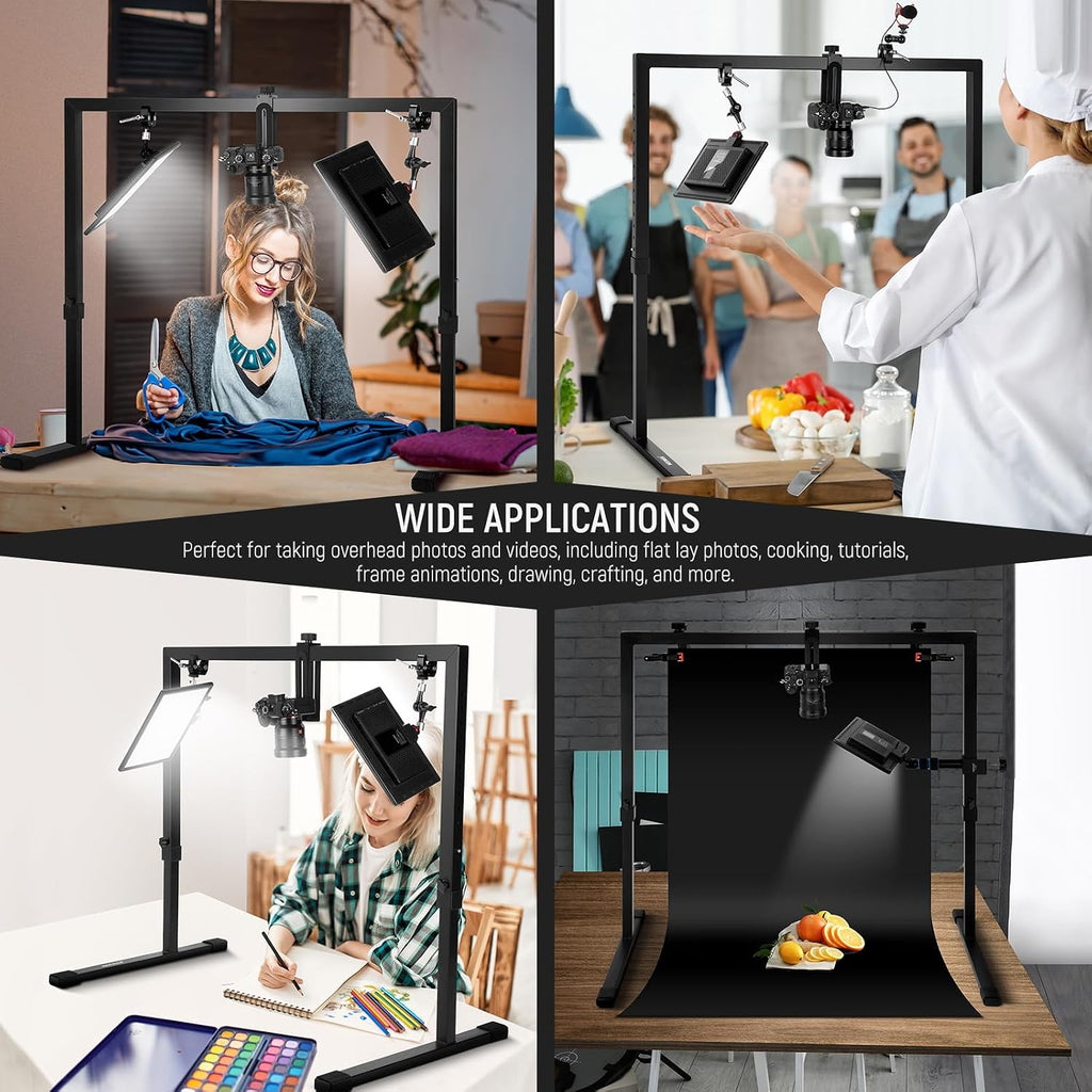 NEEWER Overhead Camera Mount Rig for Top Down Shots, Heavy Duty Steel Tabletop Mount Stand Multi Device Platform for Flat Lay Photography Lighting Cooking Drawing Crafts, For Desks≥3.3'/1m Long, ST100