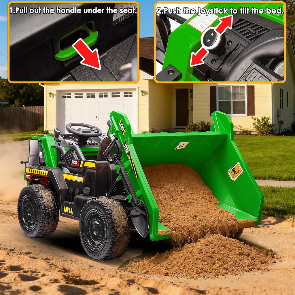 NEWQIDA 24V Ride on Dump Truck, Kids Electric Car with Remote Control, Ride on Construction Vehicles w/Electric Dump Bed, Shovel, 2x75W Powerful Motors, Up to 4.4Mph, EVA Tires, Soft Start, Green