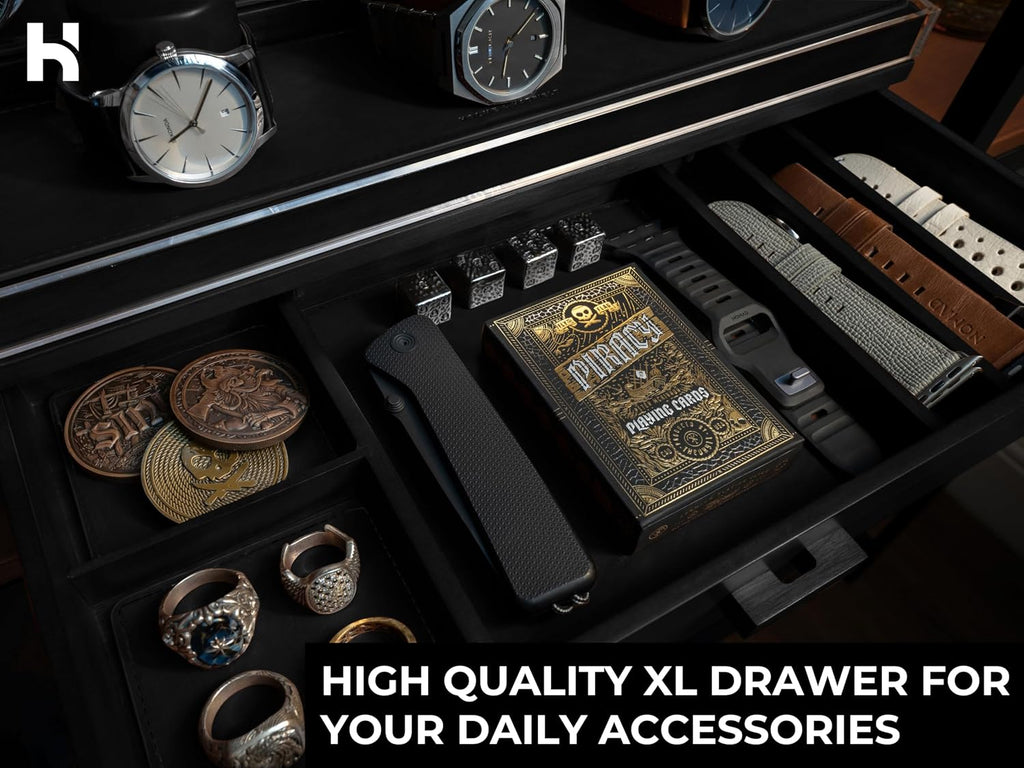 Premium 7 Slot Watch Box for Men - Large Wooden Watch Display Case with Hinged Cover, Leather Lining & Drawer - Watch Holder Organizer Stand - Handcrafted Luxury Birthday Gift for Men