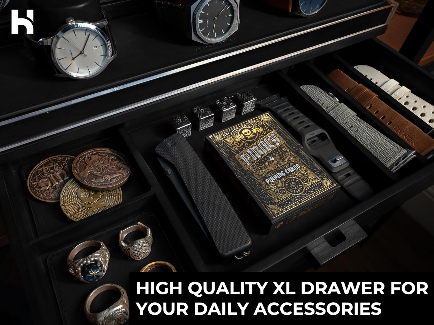 Premium 7 Slot Watch Box for Men - Large Wooden Watch Display Case with Hinged Cover, Leather Lining & Drawer - Watch Holder Organizer Stand - Handcrafted Luxury Birthday Gift for Men