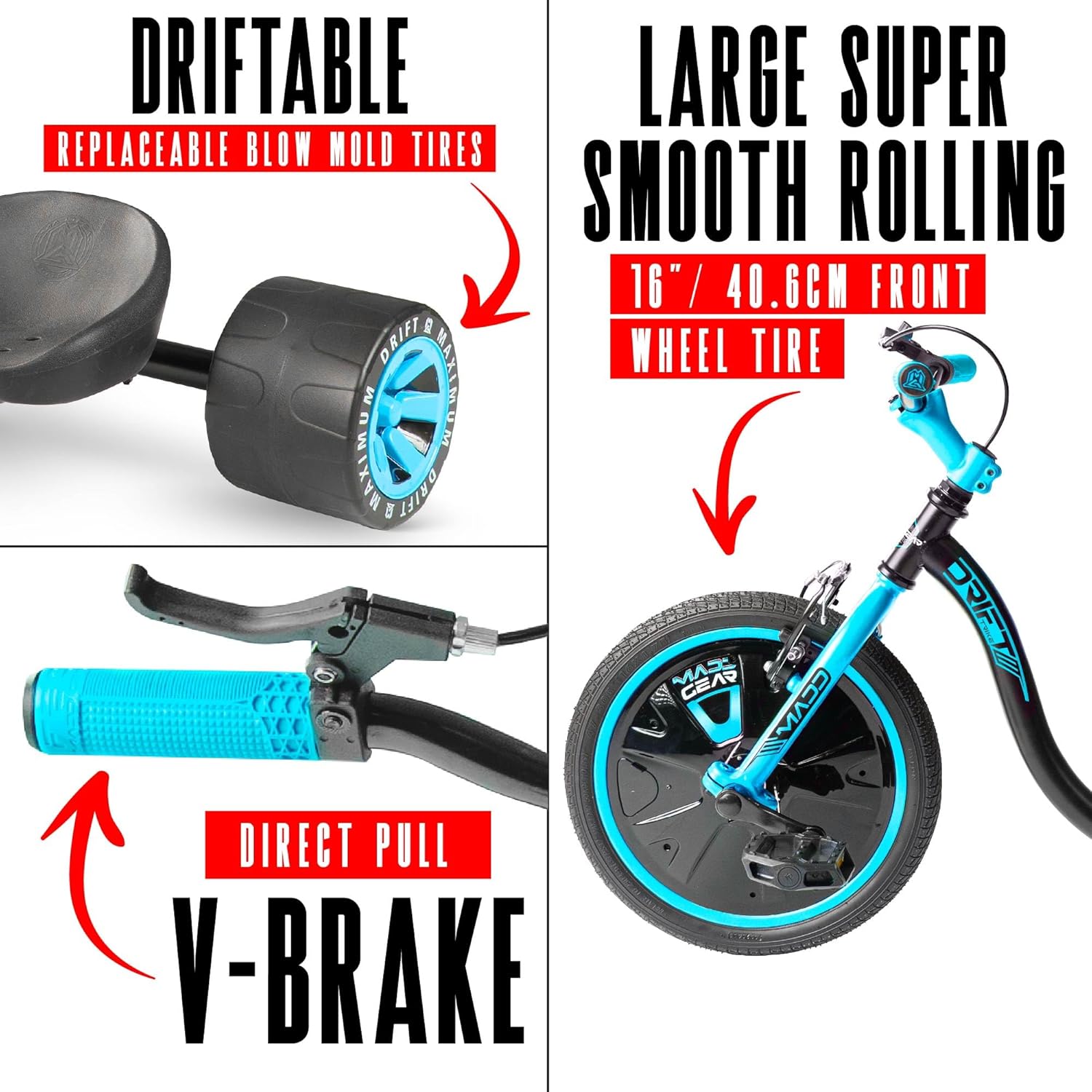 Drift Trike for Kids Ages 5+ – 16' Front Wheel Ride-On with Adjustable Seat, Steel Frame, Rear Slick Drift Wheels & Safety Flag – Madd Gear - (Black Blue)