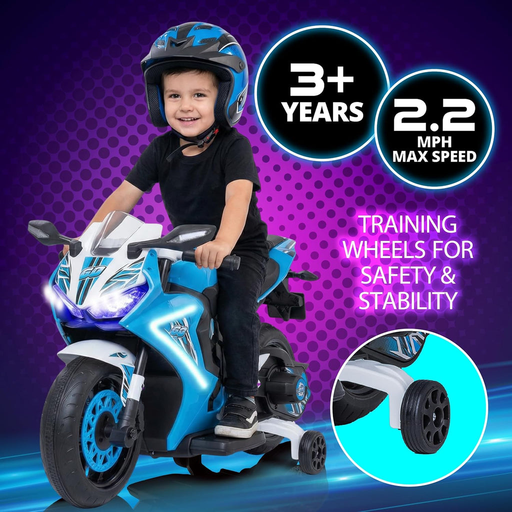 Kid Trax 6V Glow Electric Toddler Kids Motorcycle - Toddler Bike, Indoor/Outdoor Toys, Durable, LED Headlights and Body Light, Realistc Sounds, Kids Ride On Toys, Max Weight 65lbs, Ages 3+, Blue