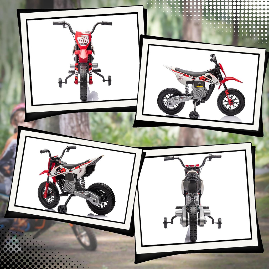 Qaba Kids Dirt Bike with Twist Grip Throttle, 12V Electric Motorcycle, Electric Bike for Toddler with Training Wheels, Rear Suspension & Music for Ages 3-6 Years, Red