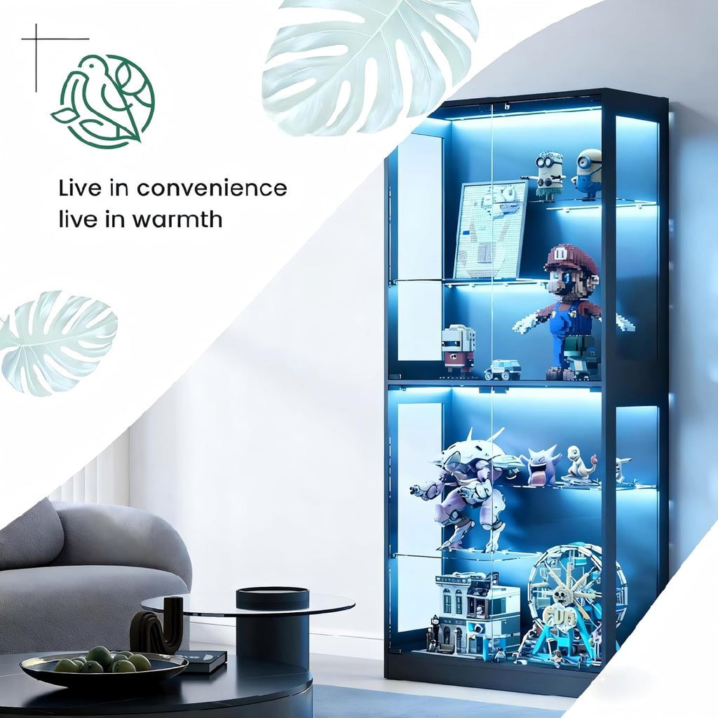 Lamtor 69-Inch Glass Display Cabinet - Curio Cabinet with RGB Lighting, Adjustable Shelves Display Case, for Game Room, Living Room, Bedroom, Black