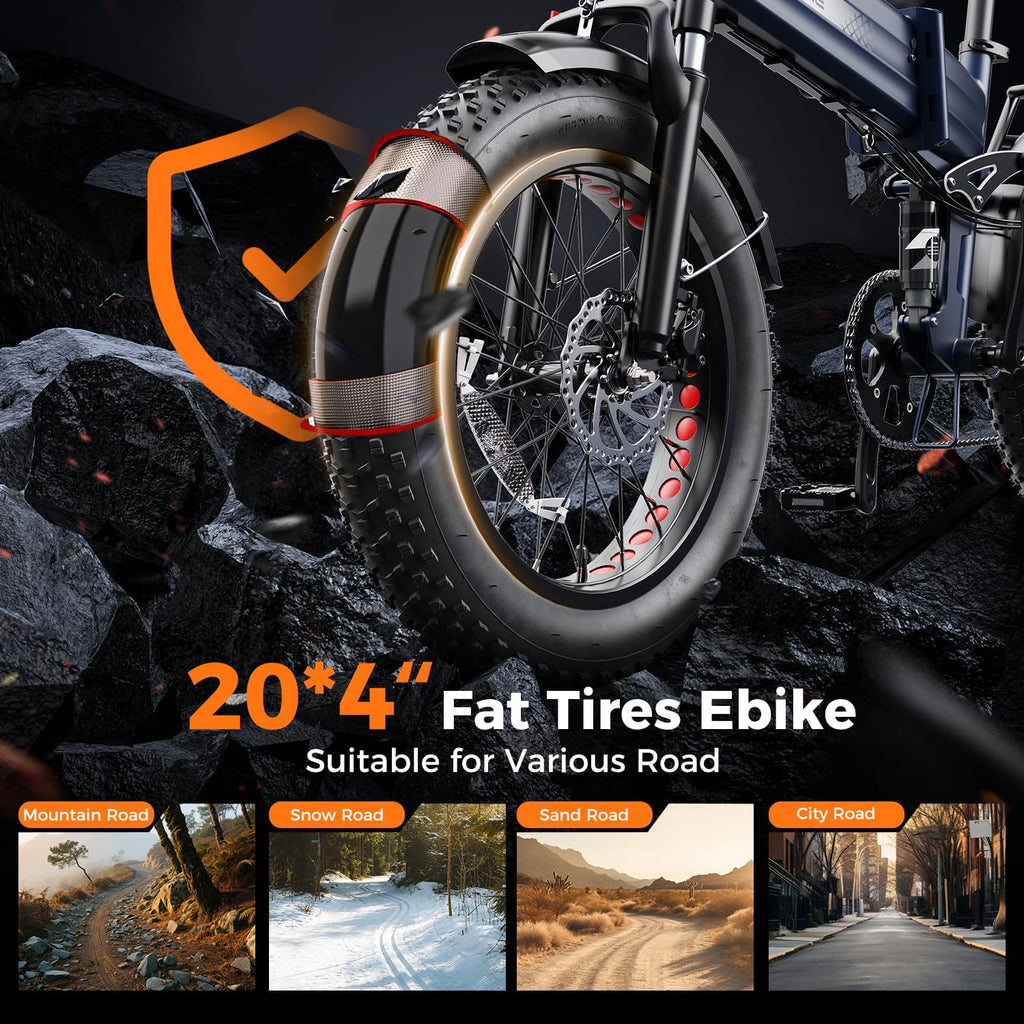 Heybike Mars 2.0/3.0 Foldable Electric Bike, UL2849 Certified, 70+Miles Long Range, 1400W/1800W Peak Motor 32MPH, 624WH Removable Battery, 20'*4 Fat Tire Ebike for Snow, Commute, Full Suspension