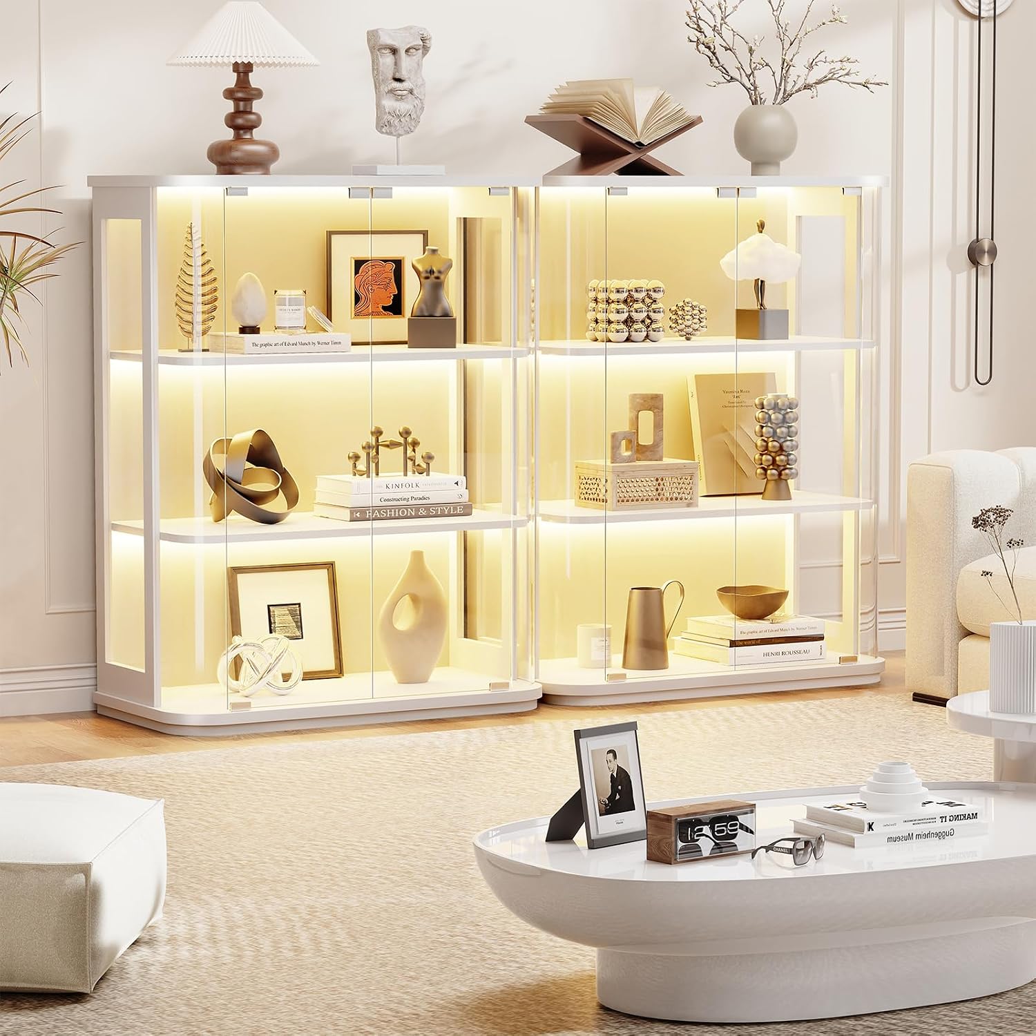BROTTAR Rounded Display Cabinet with Glass Door, 3-Tier Curio Cabinet with 3 Color Lights for Collectibles, Glass Display Case with Transparent Full-Display Surface, Human Body Sensor, White