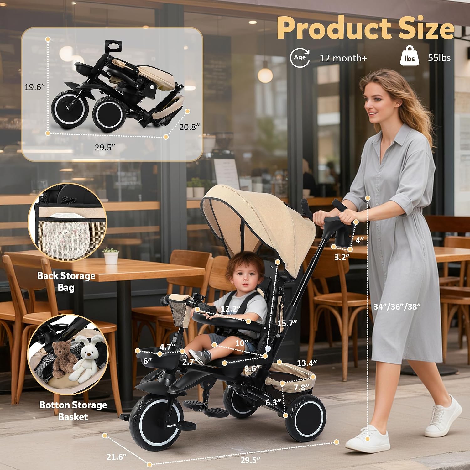 TODEFULL Folding Kids Tricycle, 8 in 1 Toddler Trike W/Removable & Adjustable Canopy, Parent Handle, 5-Piont Harness, Toddler Bike Tricycle for Kids 1-6 Years, EVA Wheels, Storage Basket, Khaki