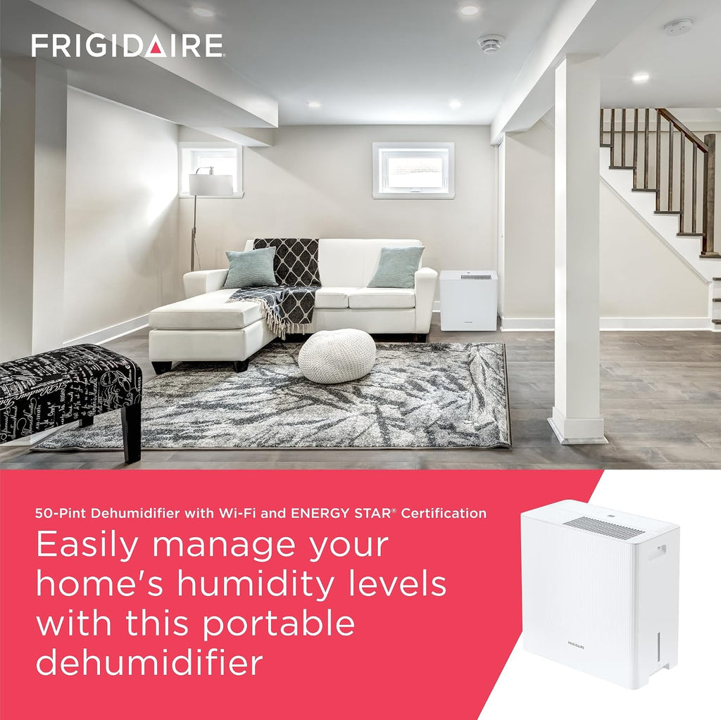 Frigidaire 50-Pint Portable Dehumidifier with Wi-Fi and Energy Star Certification for Medium/Large Rooms & Basements, Custom Humidity Control, Auto Shut Off, White