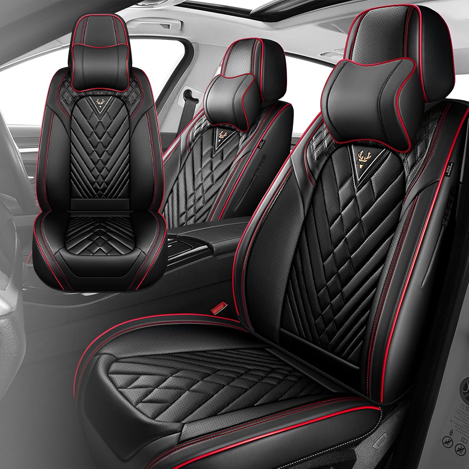 Fit for 97% of Cadillac Seat Covers, Fashion Sport Seat Cover with Waterproof Leather, Airbag Safe Design Seat Protector (2 Front Seat Luxury, Black Red)