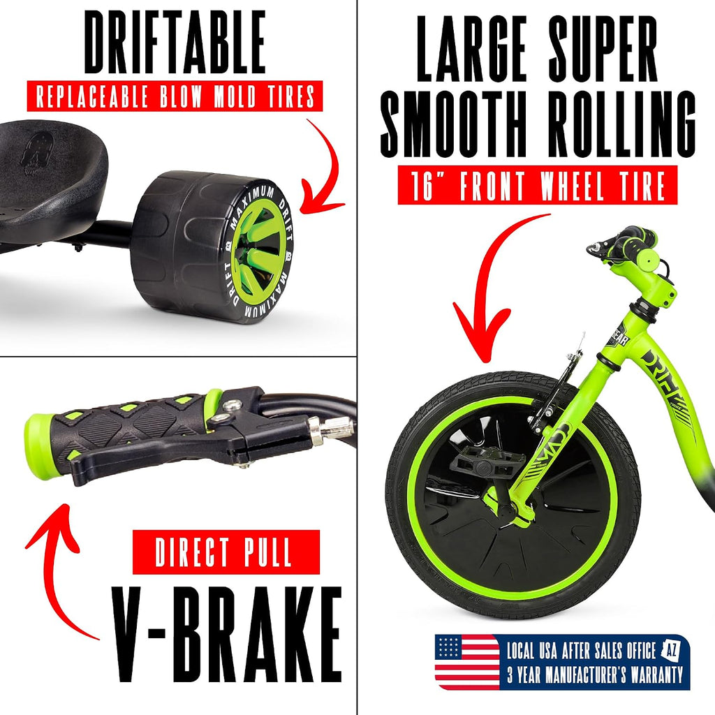 Drift Trike for Kids Ages 5+ – 16' Front Wheel Ride-On with Adjustable Seat, Steel Frame, Rear Slick Drift Wheels & Safety Flag – Madd Gear