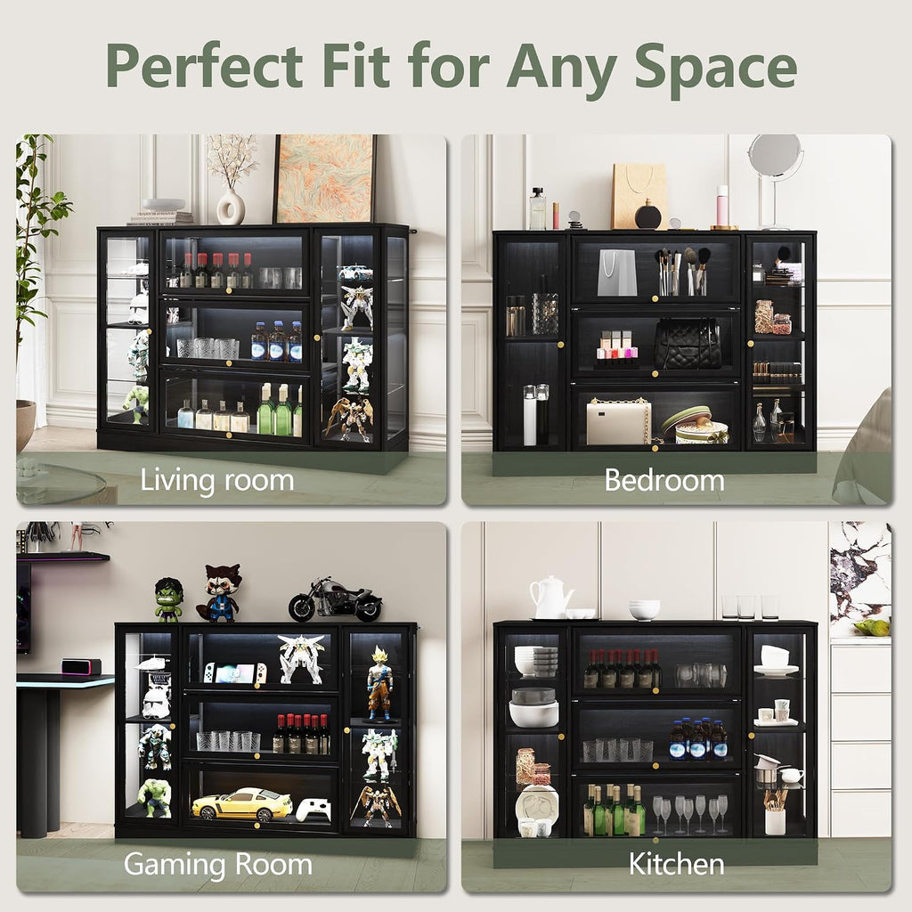Display Cabinet with Acrylic Glass Doors,Extra Wide Curio Cabinet with LED Lighting for Collectibles, Collectibles Toy Organizers Rack & Display Shelf Display Case, Black