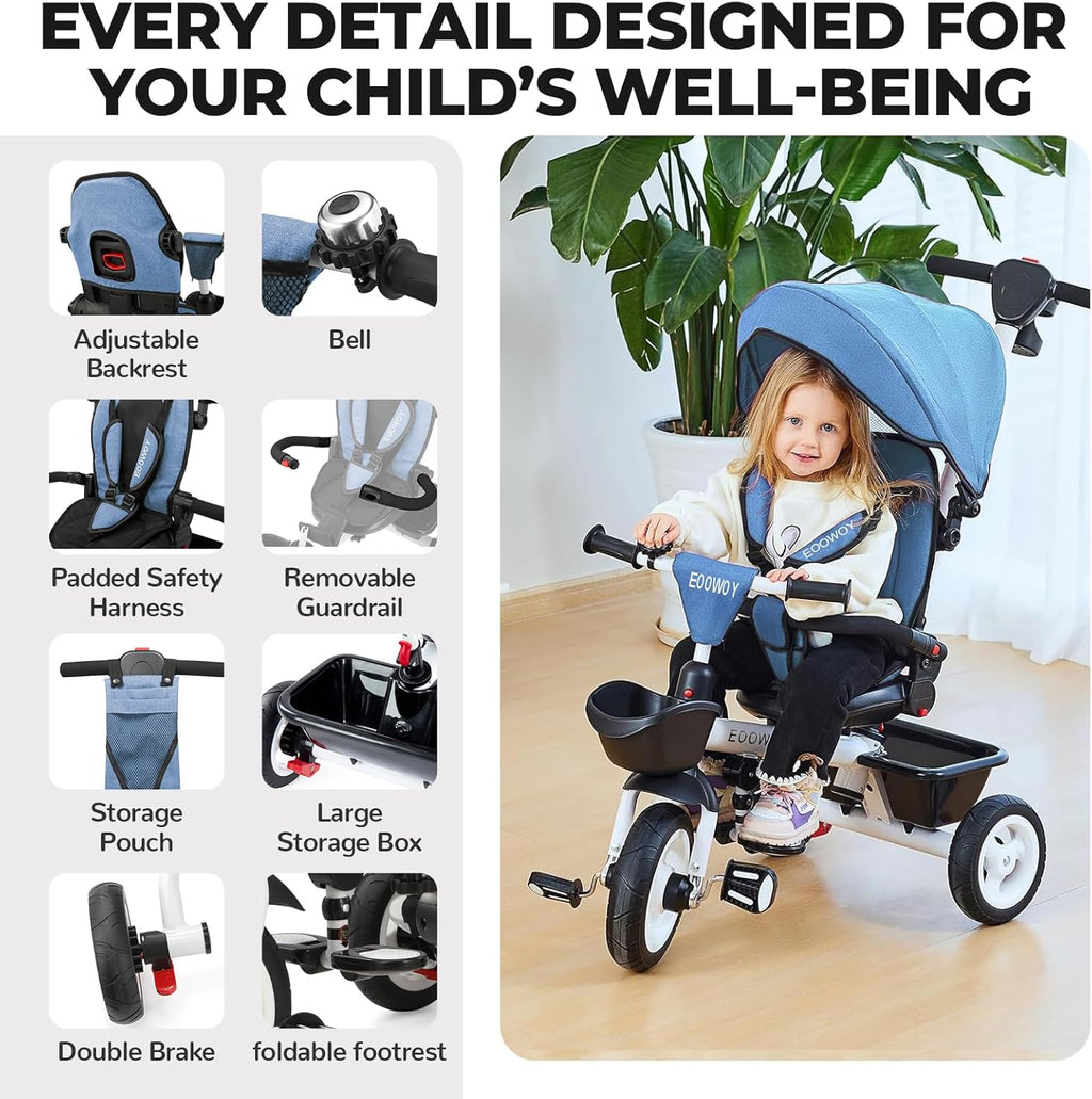 EOOWOY Toddler Tricycle with Push Handle, 7 in 1 Stroller Trike with 360° Swivel Seat, Reclining Backrest, All-Terrain Wheels, Dual Brakes, Canopy & Storage, Gift for Kids 18 Months to 5 Years, Blue