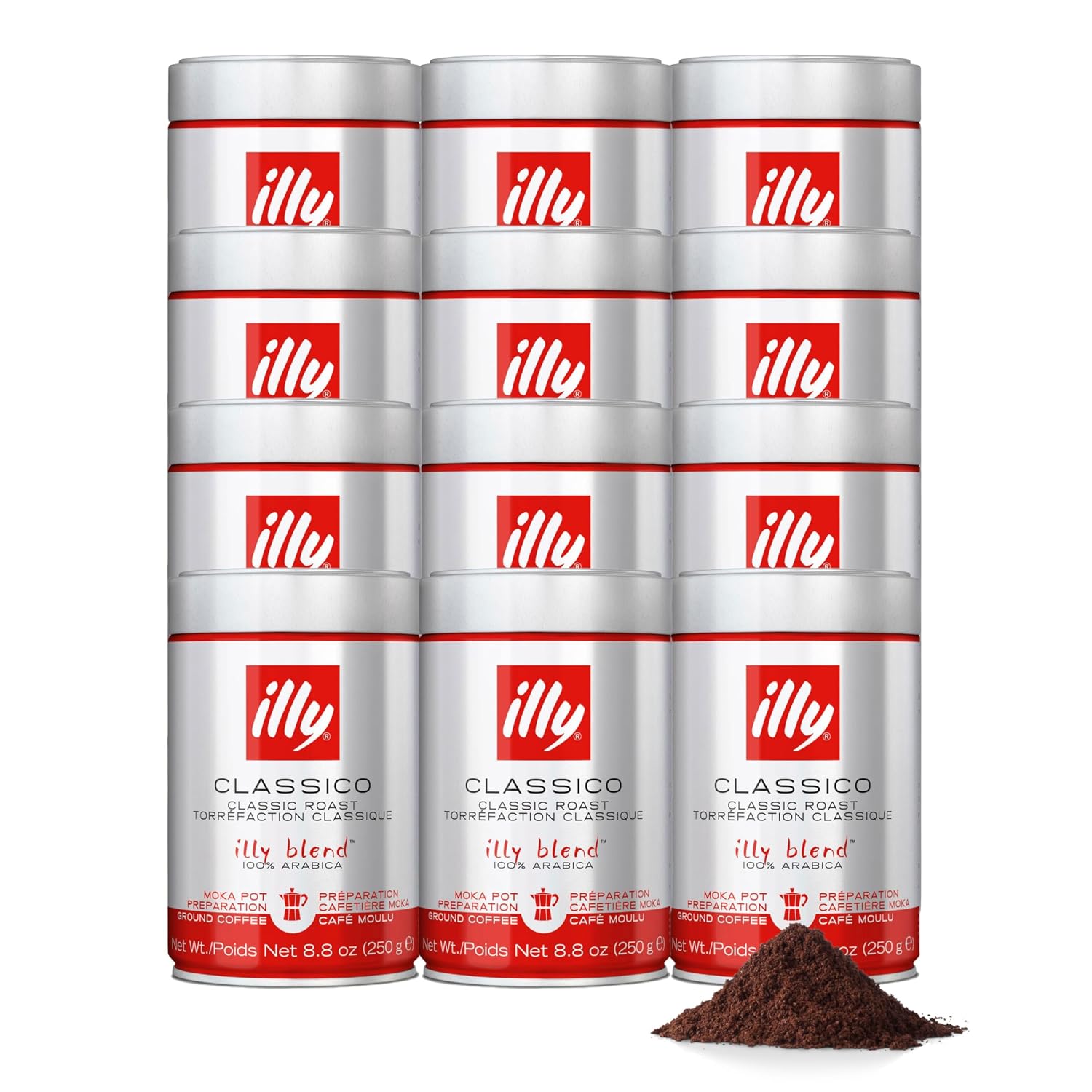 illy Ground Moka Coffee, Intenso Dark Roast, 100% Arabica, Premium Italian Coffee, Pre-Ground for Moka Pot or Stovetop Brewing, 8.8oz, 12 Pack