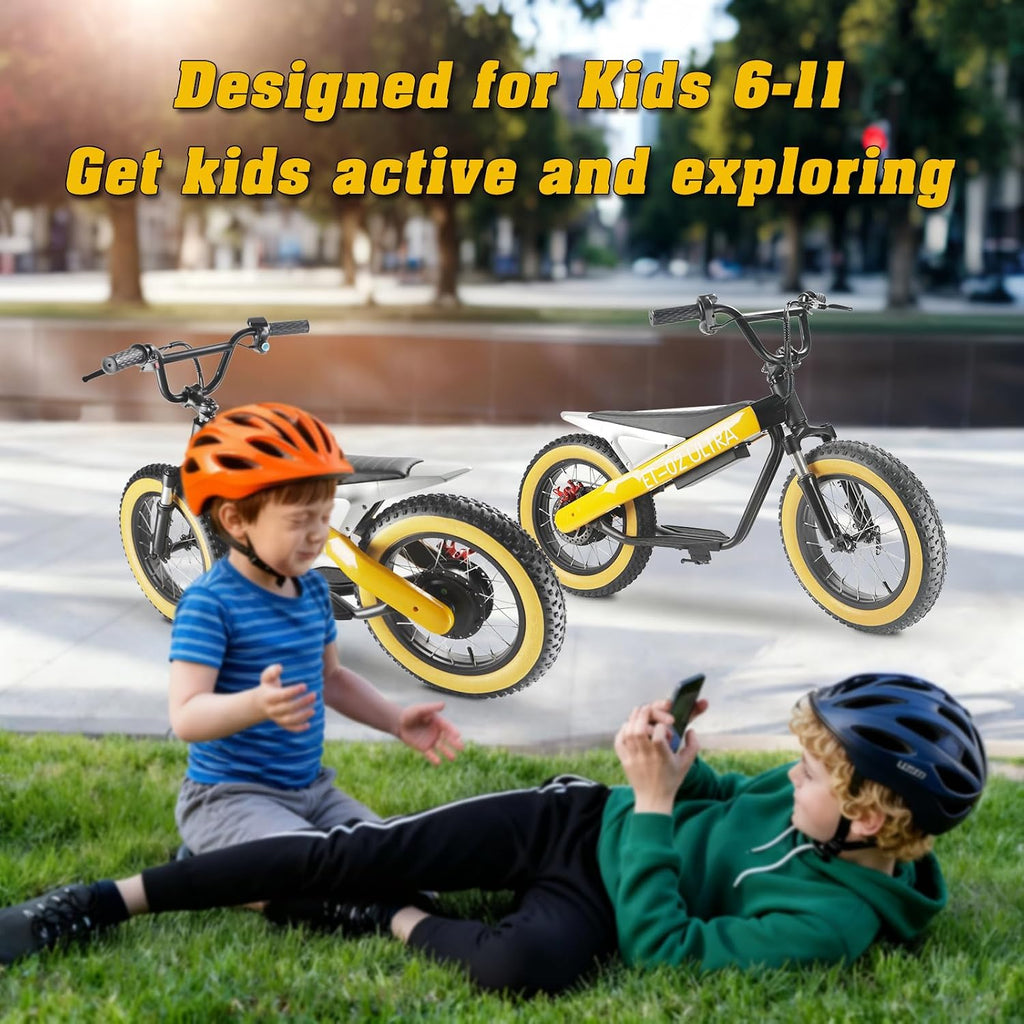 Electric Balance Bike, 750W Motor, 18Miles Long Range & 19Mph, 16' Fat Tire Electric Dirt Bike for Ages 6-11, Front Suspension, Dual Brake Off-Road Electric Motorcycle for Boys Girls (Yellow)