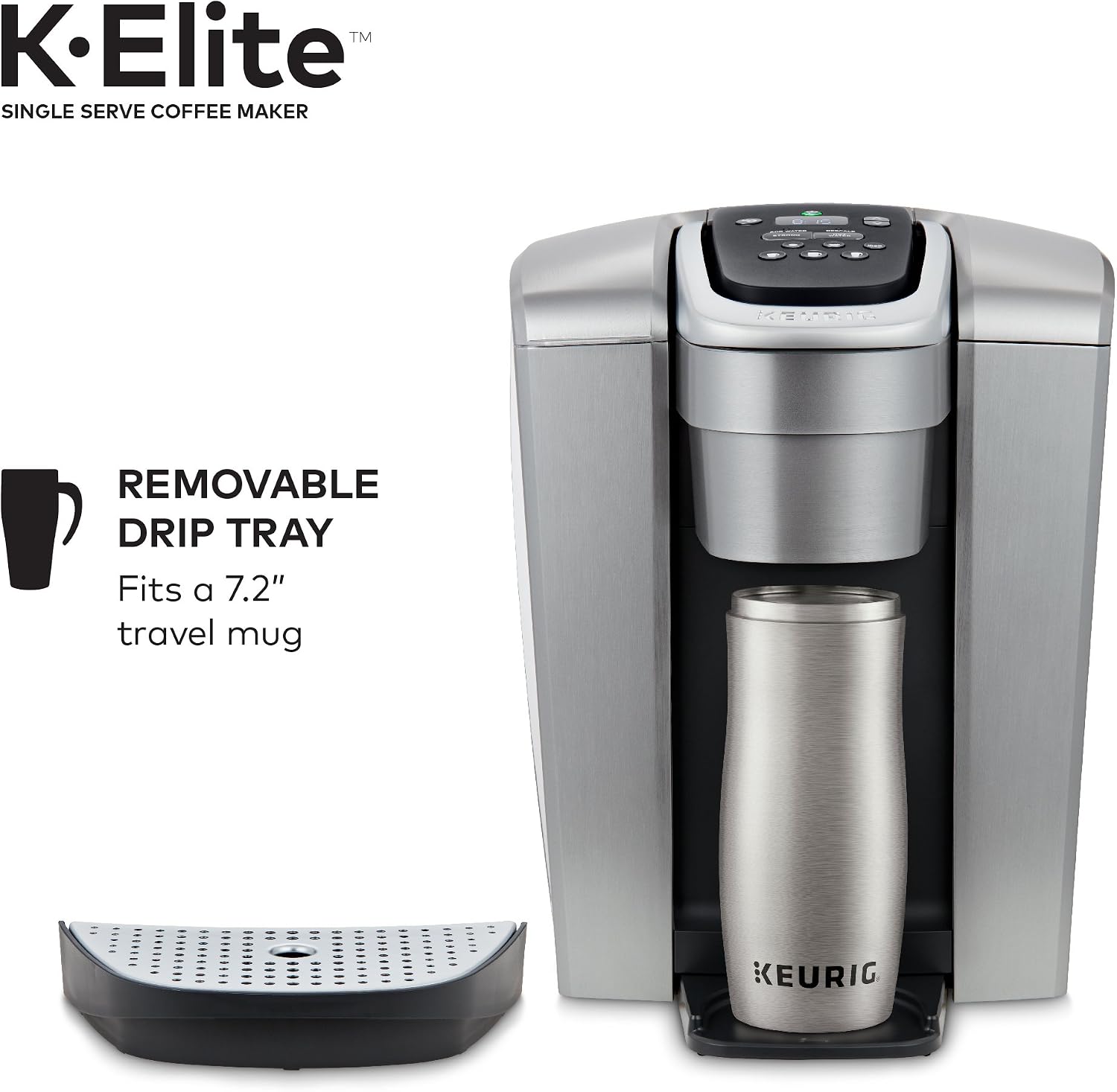 Keurig K-Elite Single-Serve K-Cup Pod Coffee Maker, Brushed Silver & Travel Mug Fits K-Cup Pod Coffee Maker, 1 Count (Pack of 1), Stainless Steel