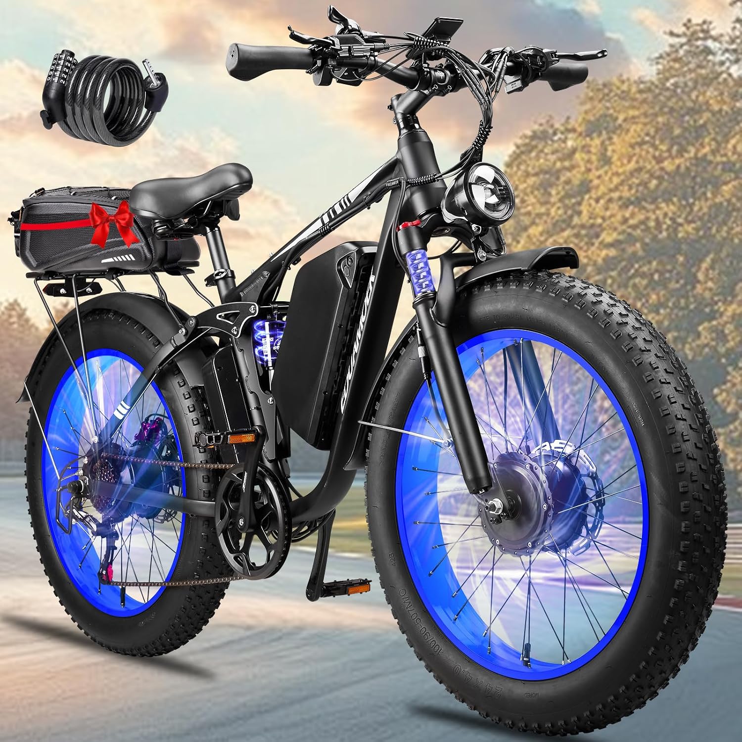 Peak-9000W-Dual-Motor-Electric-Bike for Adults, 52V 34AH Battery Up To 105 Miles, 42-46M PH Fast-Dual-Motor-Ebike,24'*4' Full-Suspension-Women-Men-Fat-Tire-Electric-Bicycle for Mountain Snow Off-Road