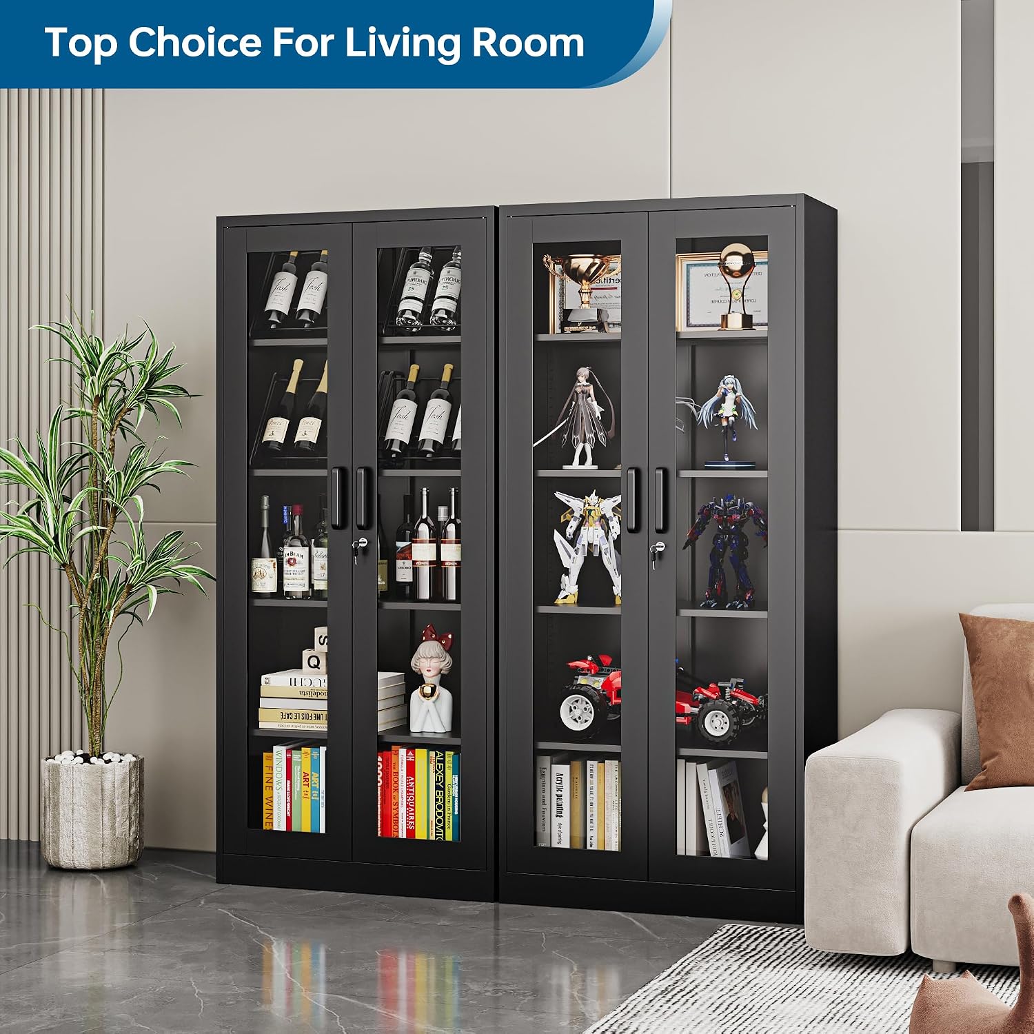 PEUKC Display Cabinet with Glass Doors, 71 Inches Metal Display Case with 4 Adjustable Shelves, Curio Storage Cabinet with Lock for Home, Office, Book, Pantry, Assemble Required (Black)