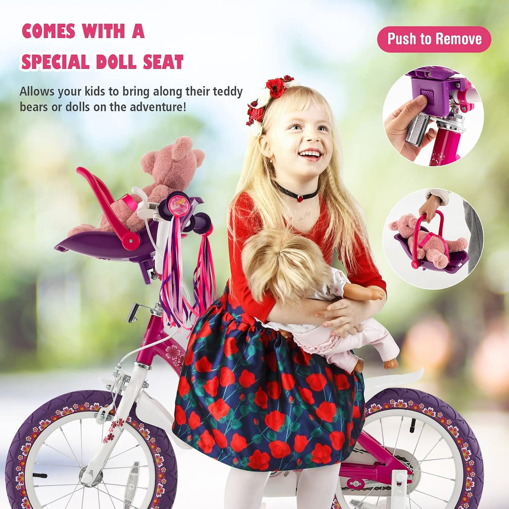 BABY JOY Kids Bike, 12 14 16 18 20 Inch Girls Bike w/Detachable Training Wheels or Kickstand, Storage Basket, Adjustable Seat & Handlebar, Bow or Streamer, Children Bicycle for 3-8 Years Old