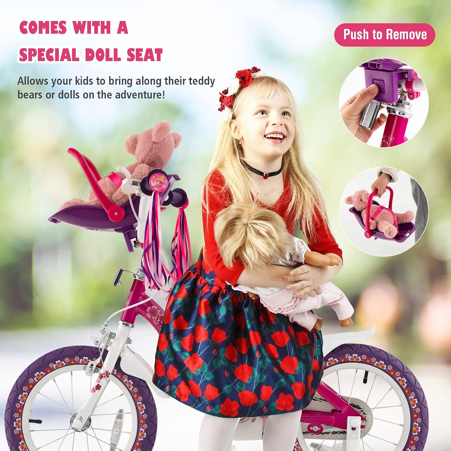 BABY JOY Kids Bike, 12 14 16 18 20 Inch Girls Bike w/Detachable Training Wheels or Kickstand, Storage Basket, Adjustable Seat & Handlebar, Bow or Streamer, Children Bicycle for 3-8 Years Old