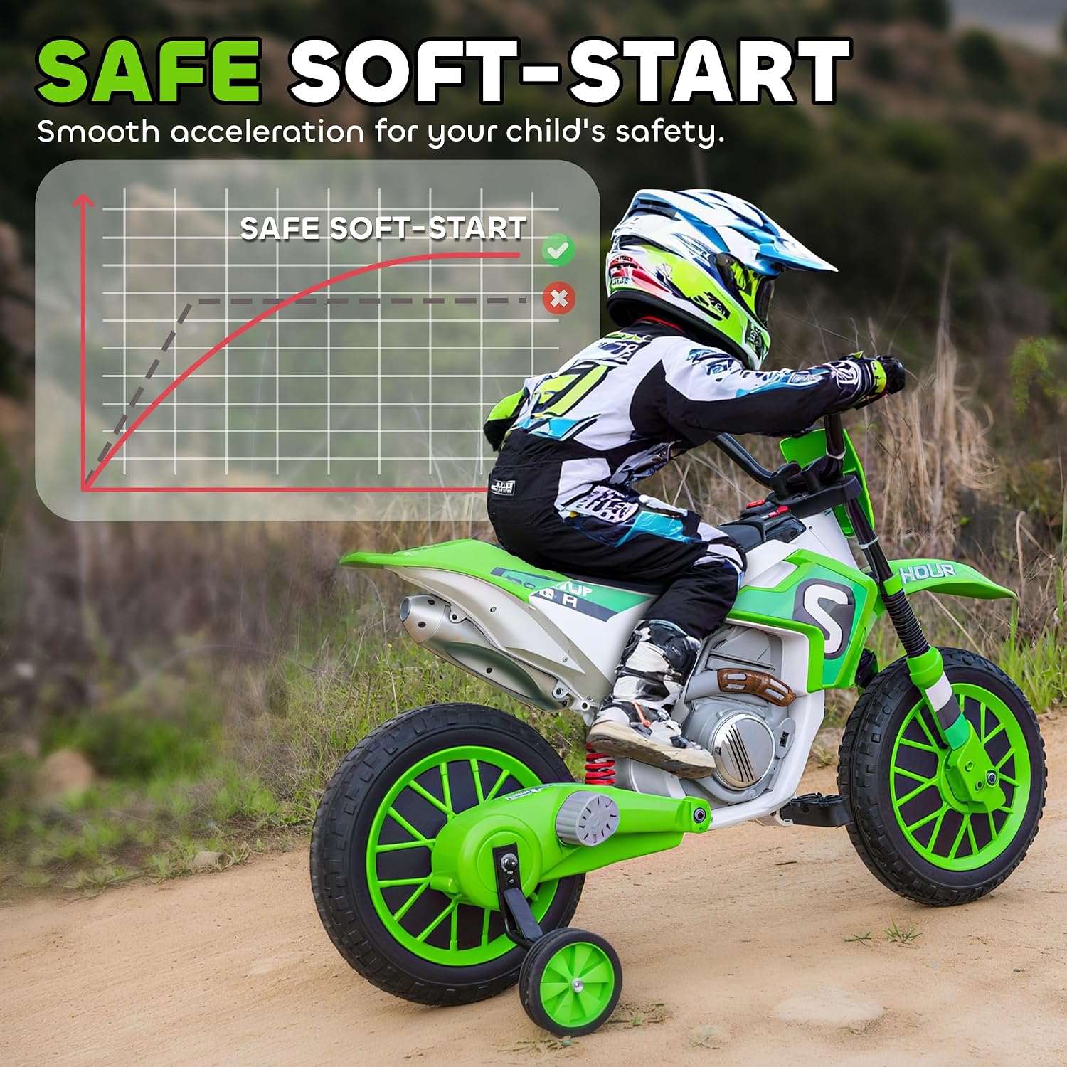Aosom 12V Kids Motorcycle w/Treaded Tires, 5mph Top Speed Electric Bike for Kids, Ride On Motorcycle w/Training Wheels, Battery Charger, Spring Suspension, Green