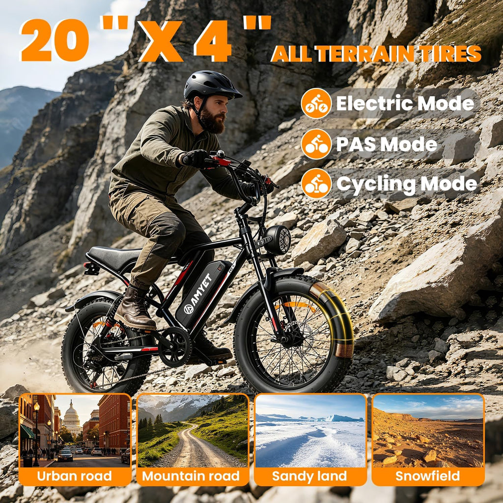 AMYET Electric Bike for Adults, 1500W Peak 33Mph 60Miles Ebike, 20'' X 4'' Fat Tire E Bike, 48V 20Ah(960WH) Battery Electric Dirt Bike, Hydraulic Brake | Full Suspension| 7-Speed Moped Ebike, Black