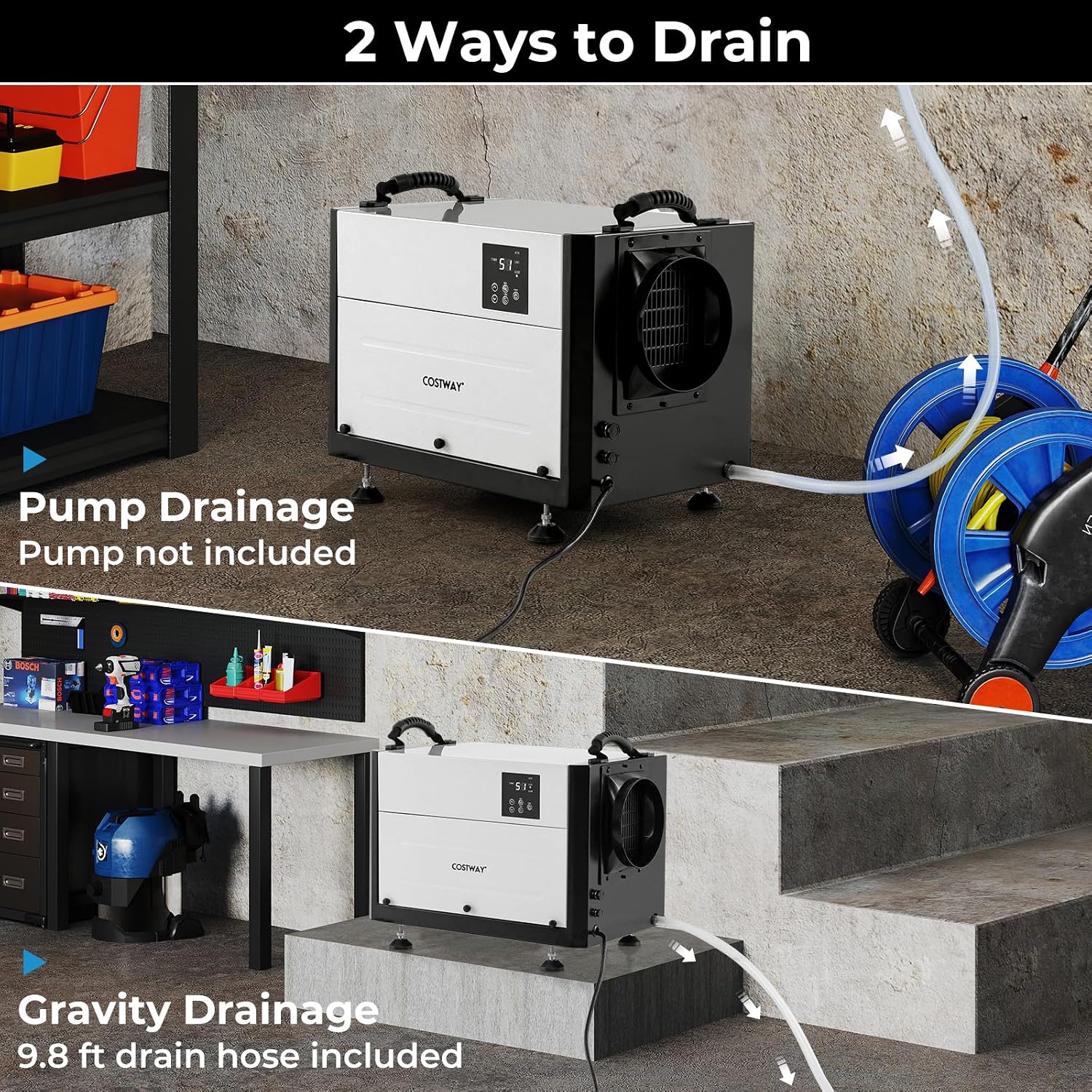 COSTWAY 124 PPD Commercial Dehumidifier, 1300 Sq.Ft Crawl Space Dehumidifier with 9.8 FT Drain Hose & Wired Remote Control Panel, Ideal for Basement, Warehouse, Job Site (White)