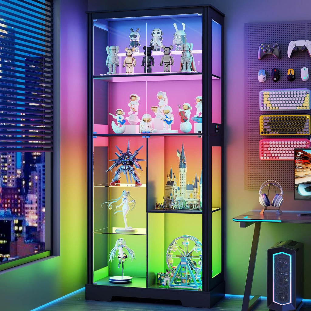 71' Glass Display Cabinet with RGB Light - Curio Cabinet with Glass Doors for Collectibles, 7-Tiers Tall Display Case with Large Shelves, Showcase for Lego, Figures, Human Sensor Design (Black)