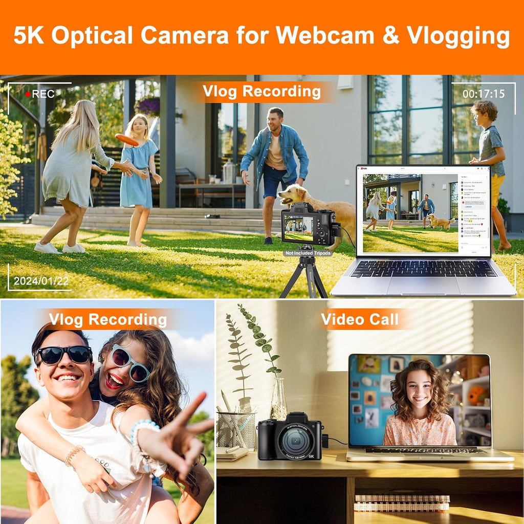 5K Digital Camera 64MP Cameras for Photography, 5X Optical Zoom Compact Travel Camera Front and Rear Dual Cameras Vlogging Camera for YouTube with 3.2' IPS Touchscreen, 64G TF Card, 2 Batteries
