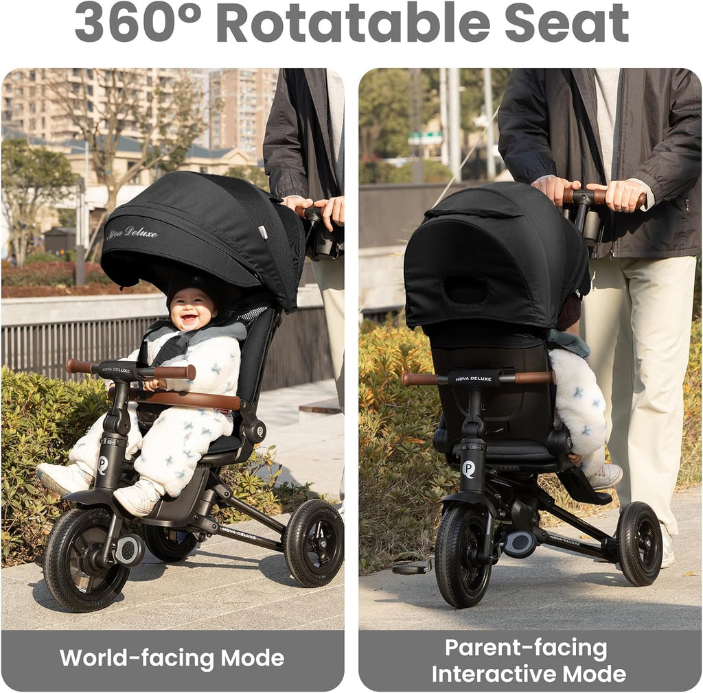 QPlay Baby Bike Stroller for Age 10 Months to 6 Years Old,8 in 1 Folding Toddler Bike Stroller with Removable Canopy & Guardrail Rotatable Seat -Tricycle for Toddlers Age 3-5 Boys & Girls Gift Trike