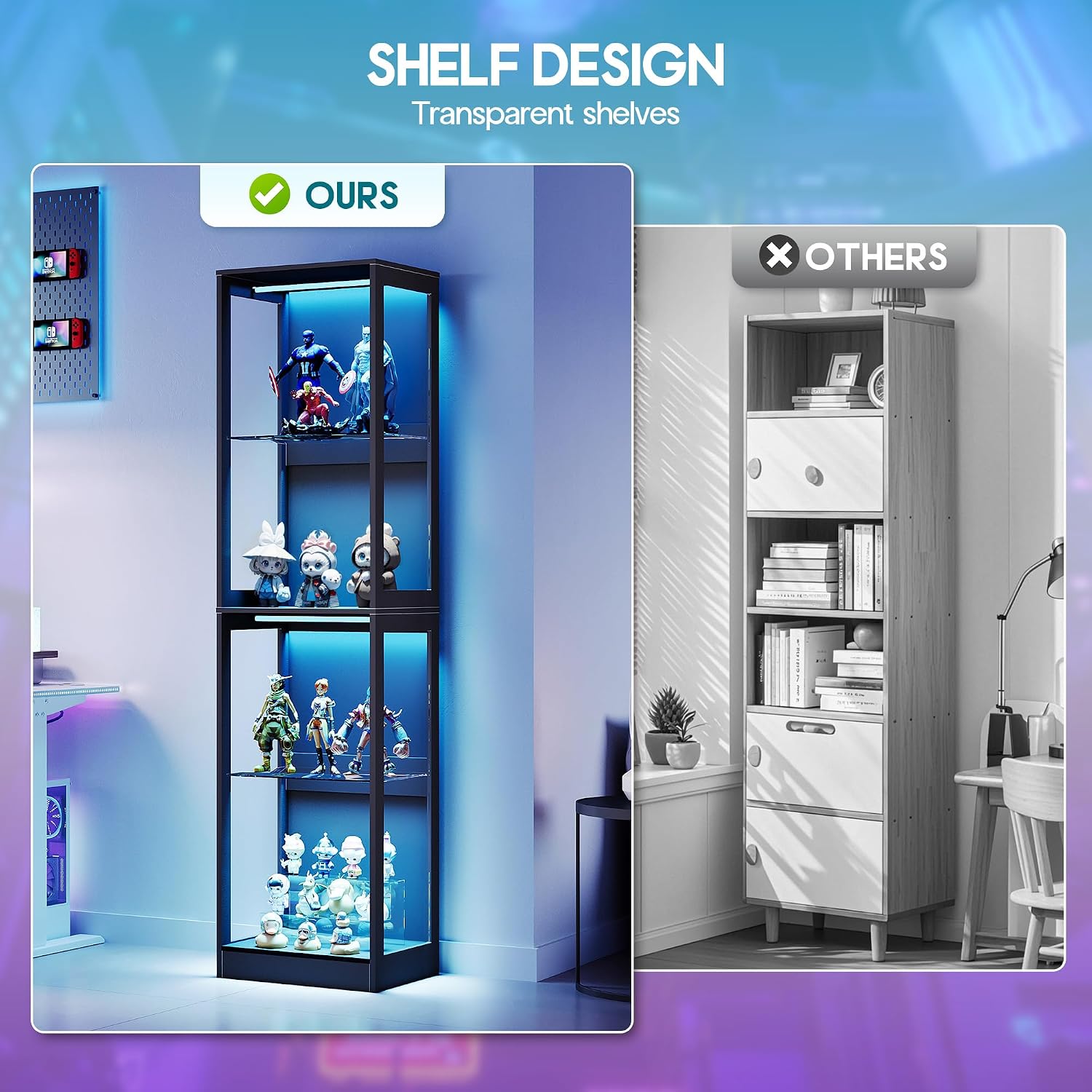 AMERLIFE RGB Display Cabinet with Adjustable Shelves, 4-Tier Storage Case with LED Lights, Modern Display Shelf for Collectibles, Black 70' H×18' L×14' D