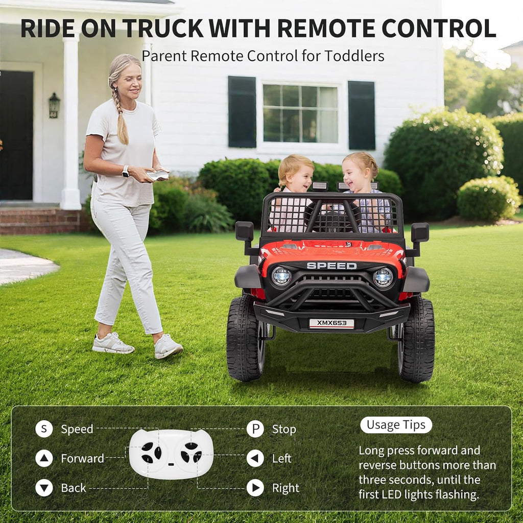GarveeLife 12V Kids Ride on Car Truck, Kids Electric Vehicles Car Ride on Toy Extra Wide Seat and Legroom for Toddlers with Remote Control, 3 Speeds, LED Light, Music, USB for Children 3-6 Years, Red