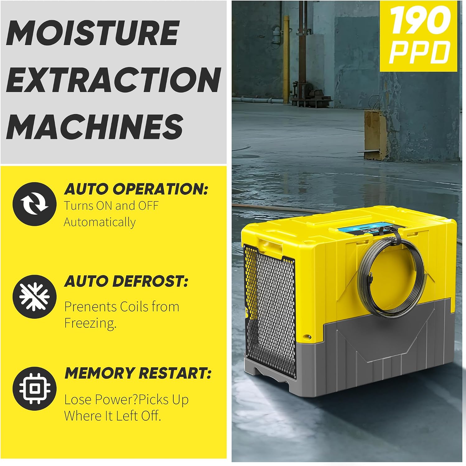 190Pints High Efficiency Commercial Dehumidifier for Basements-6000 Sq.Ft. Industrial Grade Dehumidifiers with Pump & Drain Hose for Crawl Spaces Water Damage Restoration-Auto Defrost, Memory Starting