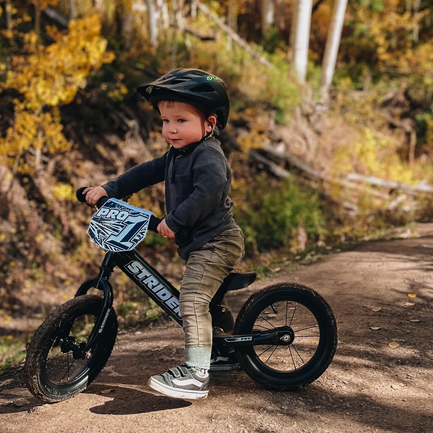 Strider 12' Pro Bike, No Pedal Balance Bicycle for Kids 1 to 4 Years - Includes Safety Pad, Padded Seat, Mini Grips & Flat-Free Tires - Tool Free