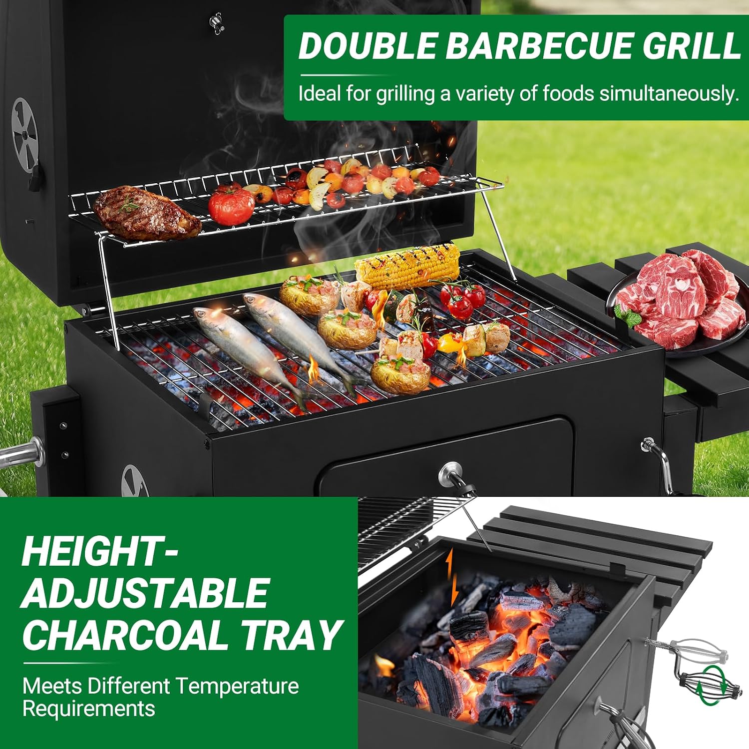 ROVSUN Charcoal Grill with Side Tables, Large Cooking Area, Individual Lifting Charcoal Trays, Pull-Out Ash Tray, BBQ Grill for Outdoor, Picnic, Backyard, Parties