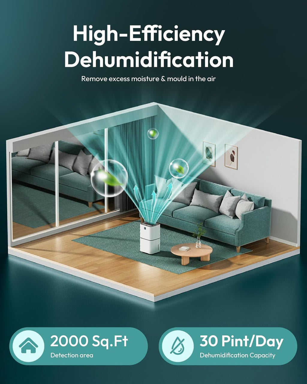 2000 Sq. Ft Dehumidifier for Home/Basement, 30 Pints 36 dB Dehumidifiers for Bedroom/Bathroom With Drain Hose LED Intelligent Humidity Light